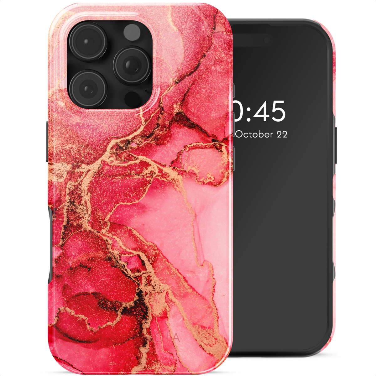 Roze telefoonhoesje met telefoon die tijd en datum weergeeft.