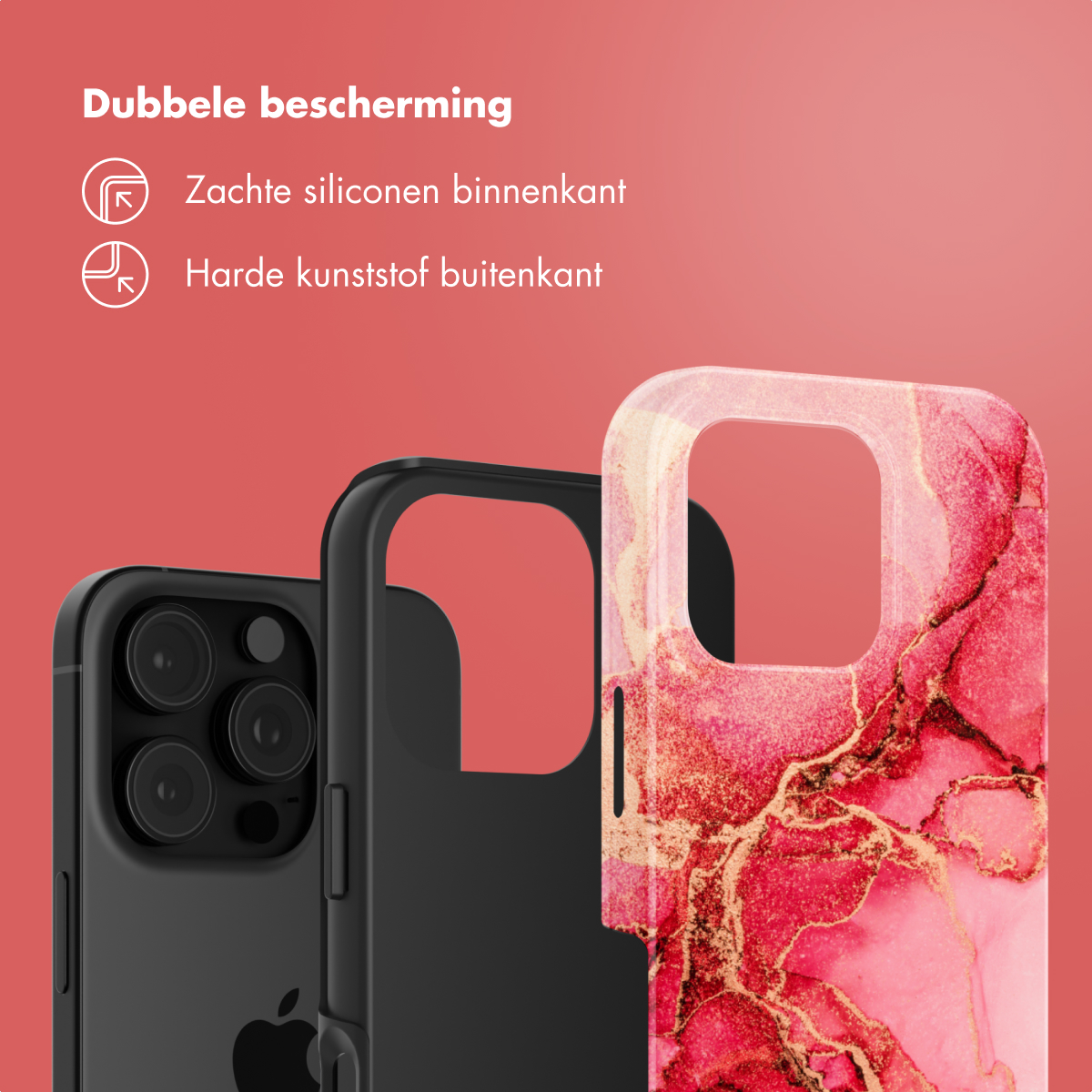 Telefoonhoesjes voor een rode achtergrond. Twee zijn zwart, een heeft marmerpatroon.