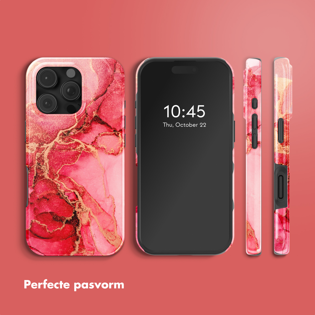 Telefoon met roze marmeren hoesje. Telefoon is zwart met tijd. Drie weergaven: voorkant, zijkant en achterkant van de hoes.