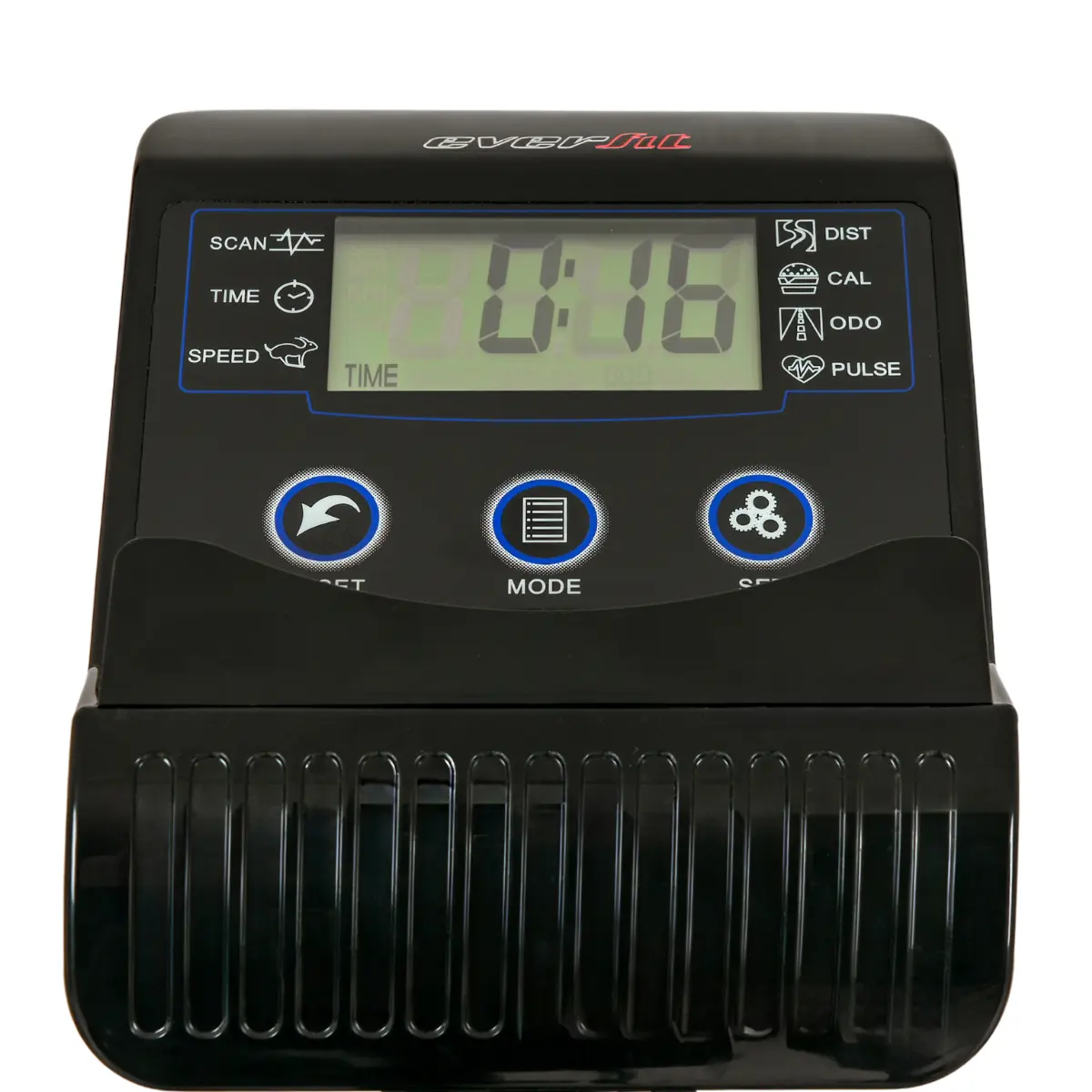 Zwart display van de hometrainer, met tijd en andere opties.