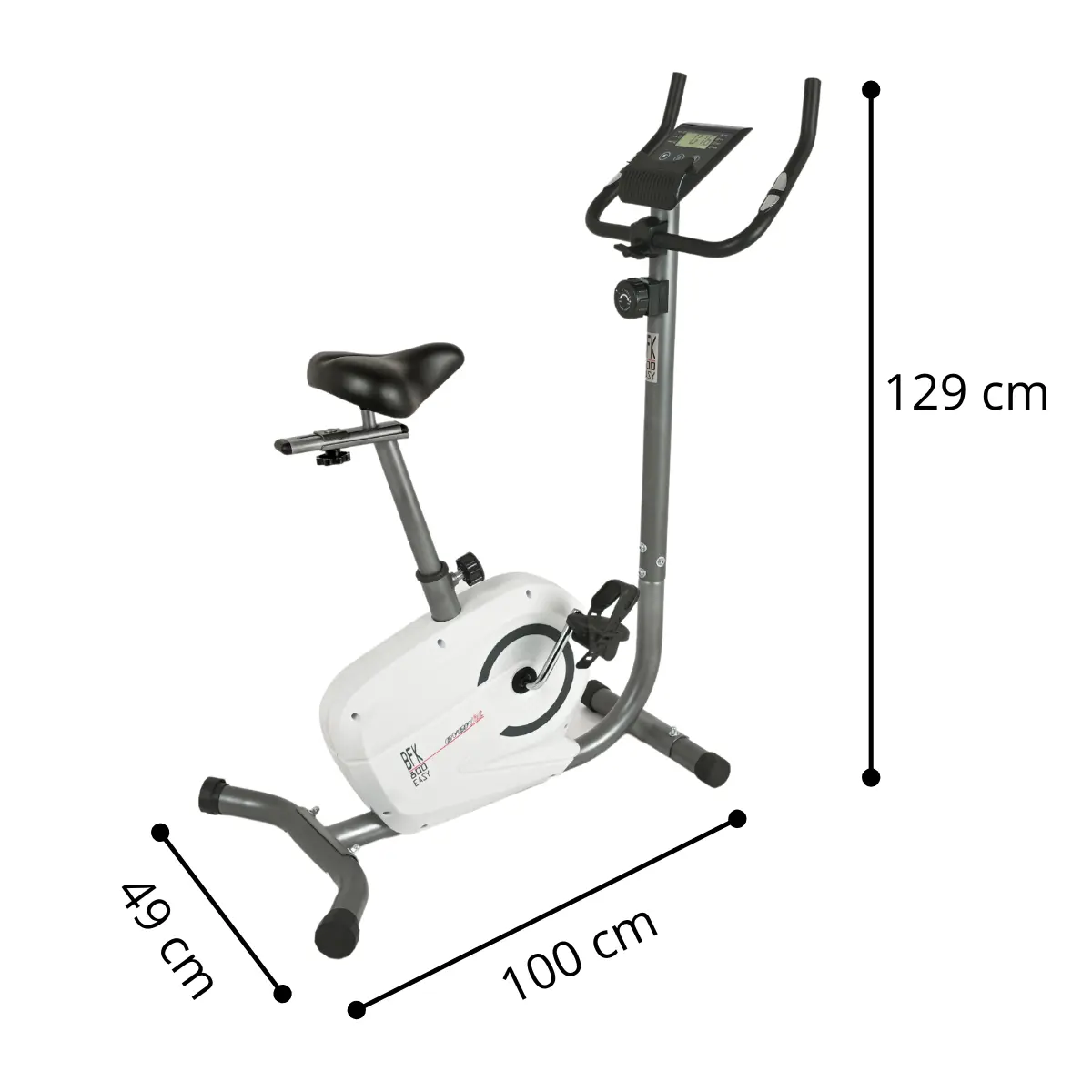 Stationaire hometrainer, wit en grijs, met afmetingen. 129 cm hoog.
