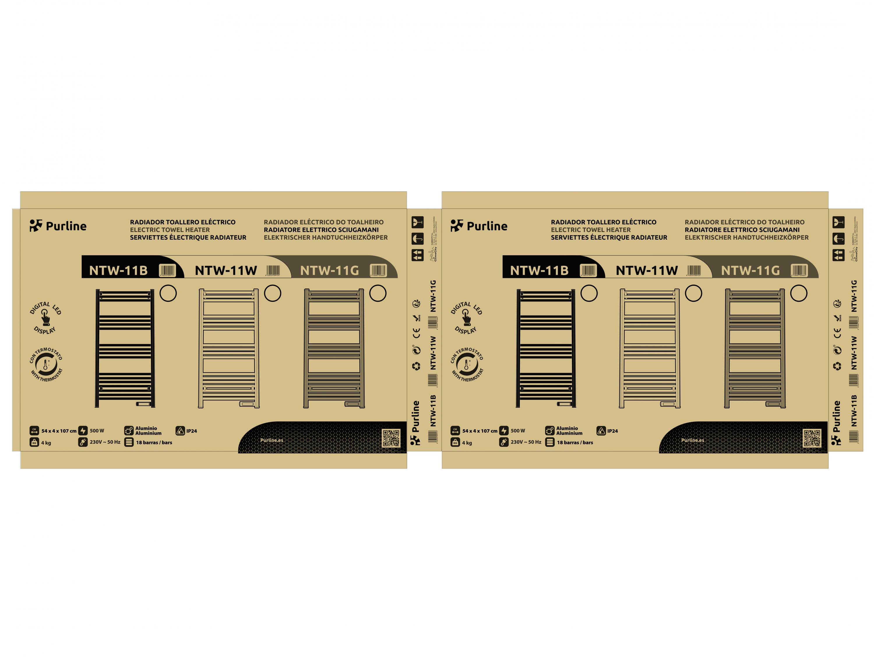 Dos cajas de cartón con detalles del toallero eléctrico y el logo de Purline.
