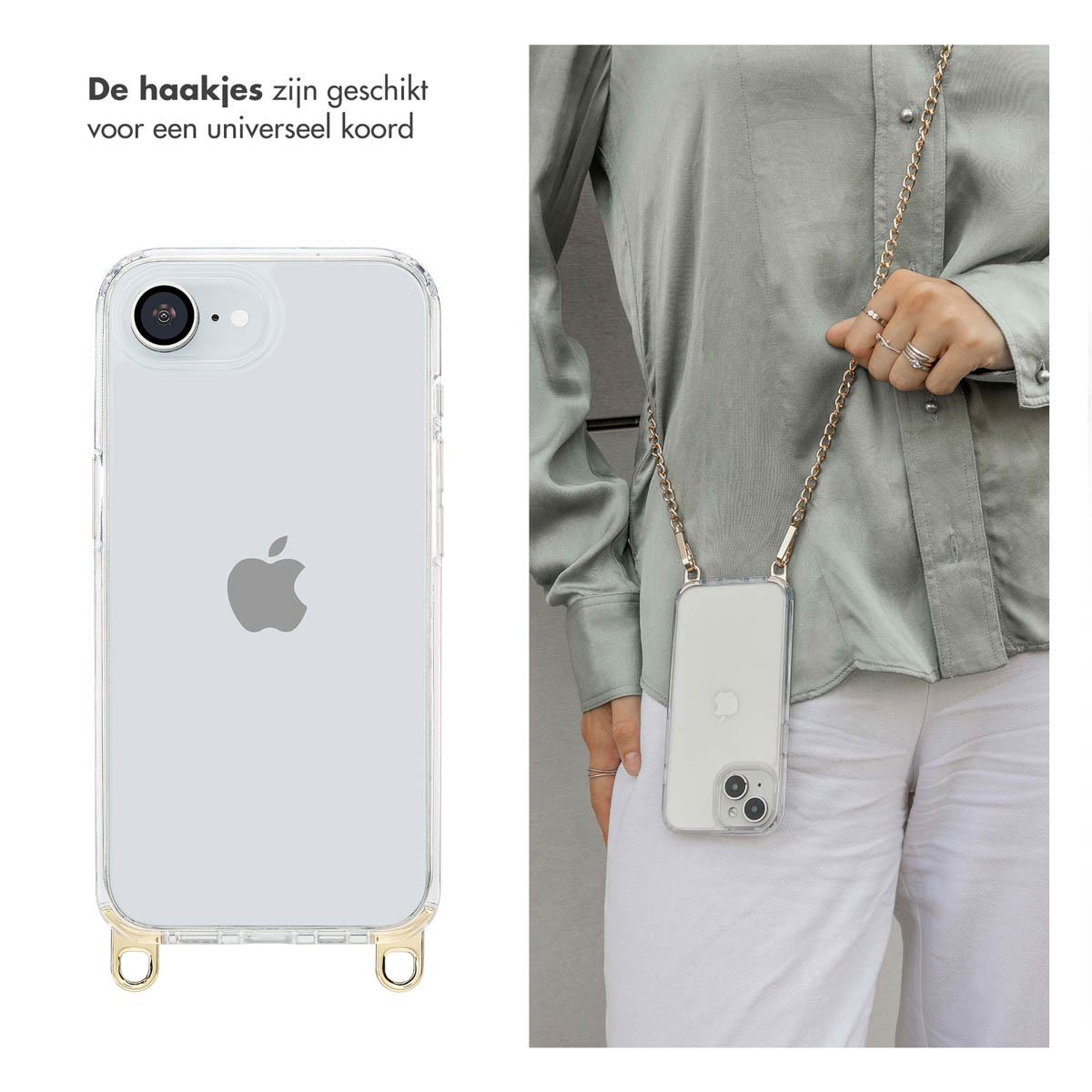 Coque de téléphone transparente avec chaîne dorée, iPhone à l'intérieur. Personne tenant le téléphone.