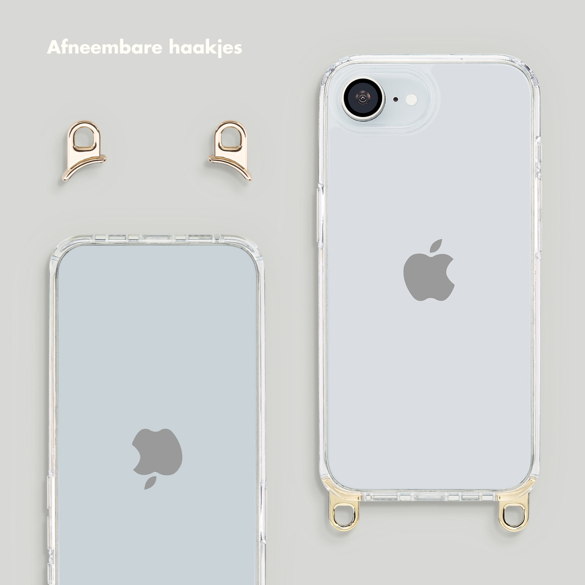 Deux coques de téléphone avec points d'attache dorés et deux crochets amovibles.