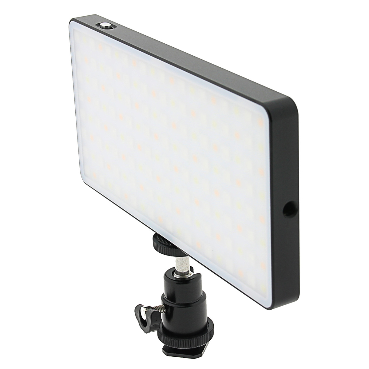 Une lumière LED rectangulaire sur un support, cadre noir, LED blanches, vue en angle.