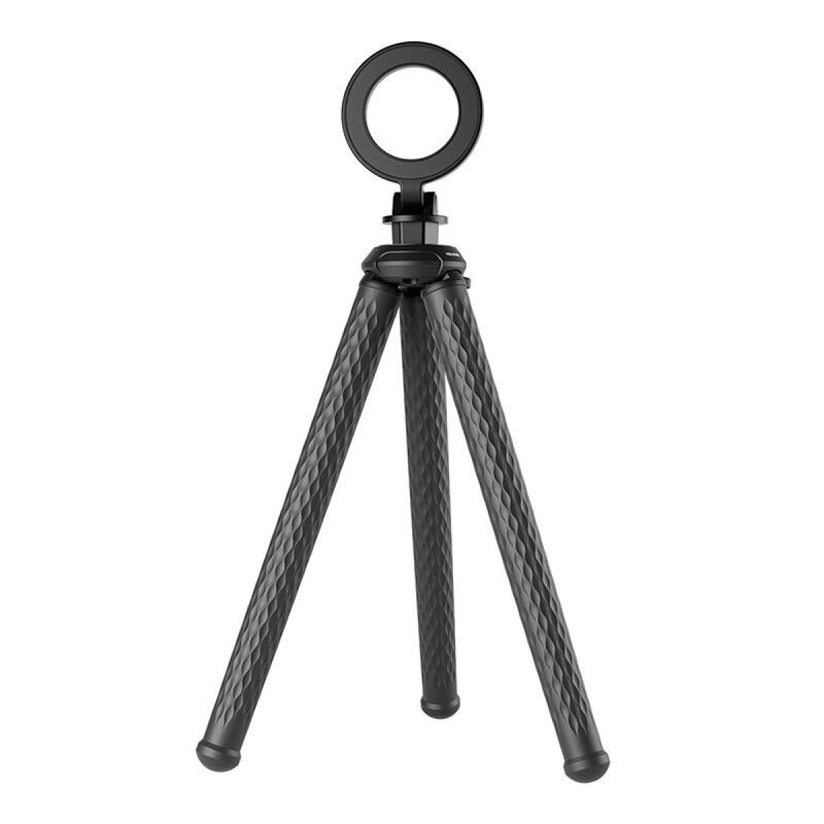 Schwarzes Stativ mit drei Beinen und einer Ringlichtbefestigung.