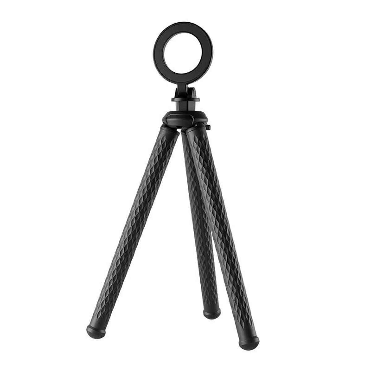 Schwarzes Stativ mit drei Beinen, einem Ringlicht-Halter und einem zentralen Befestigungspunkt. Weißer Hintergrund.