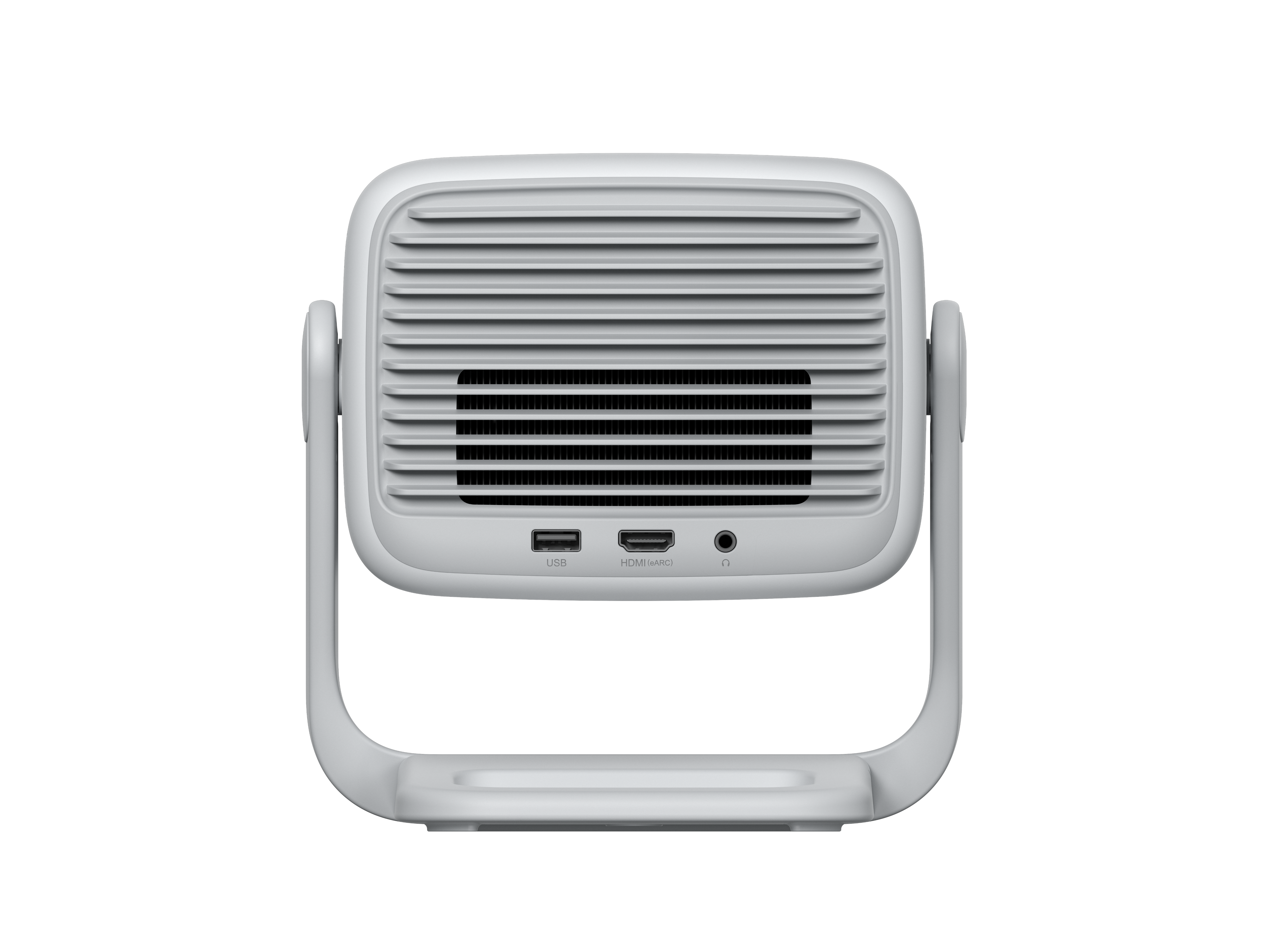 Biały projektor, widok z tyłu. Zawiera porty USB, HDMI i wyjście audio.