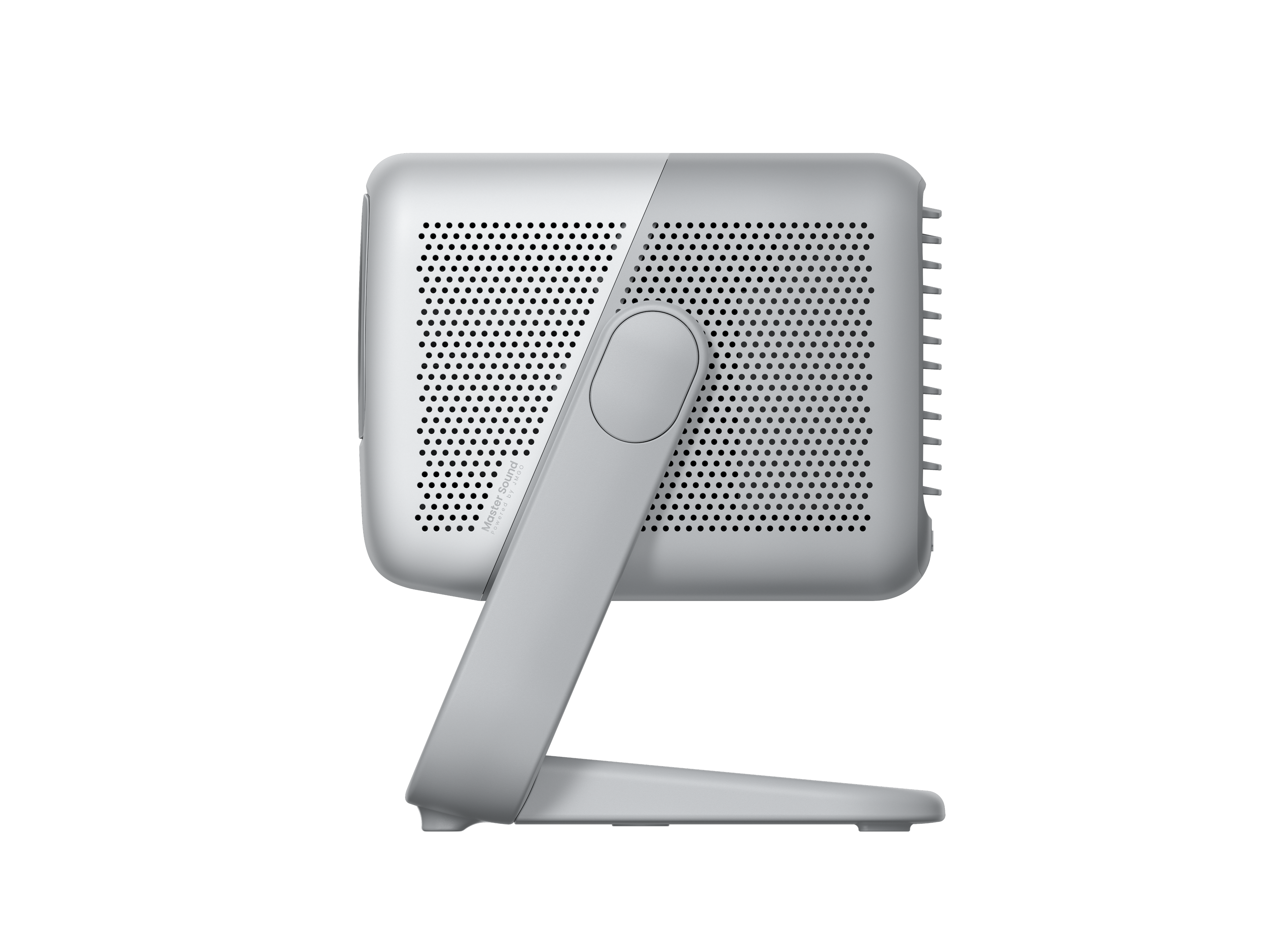 Srebrny monitor komputerowy z szarą podstawą, widok z tyłu na czarnym tle.