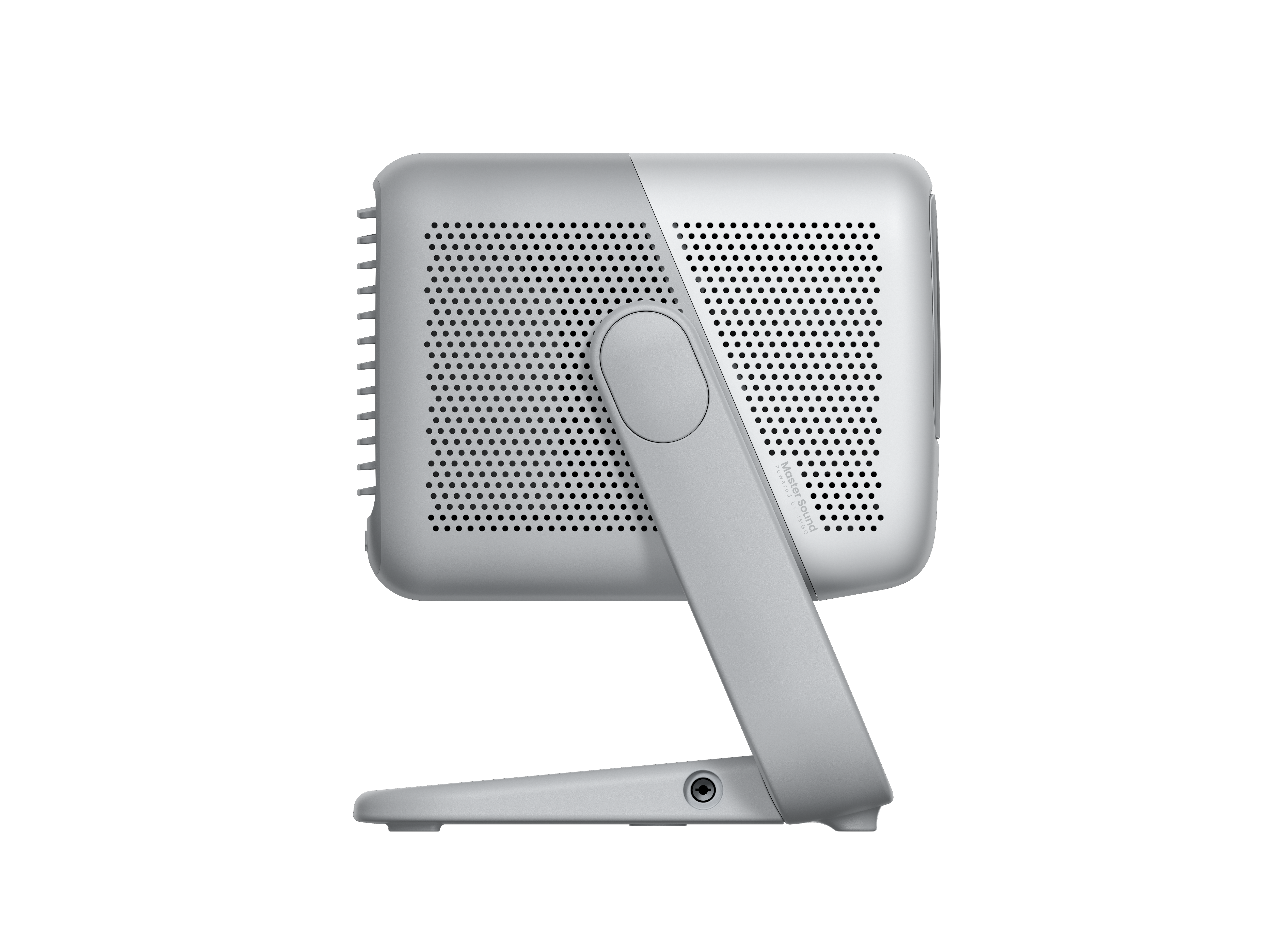 Szary głośnik z perforowanym tyłem i stojakiem na czarnym tle.
