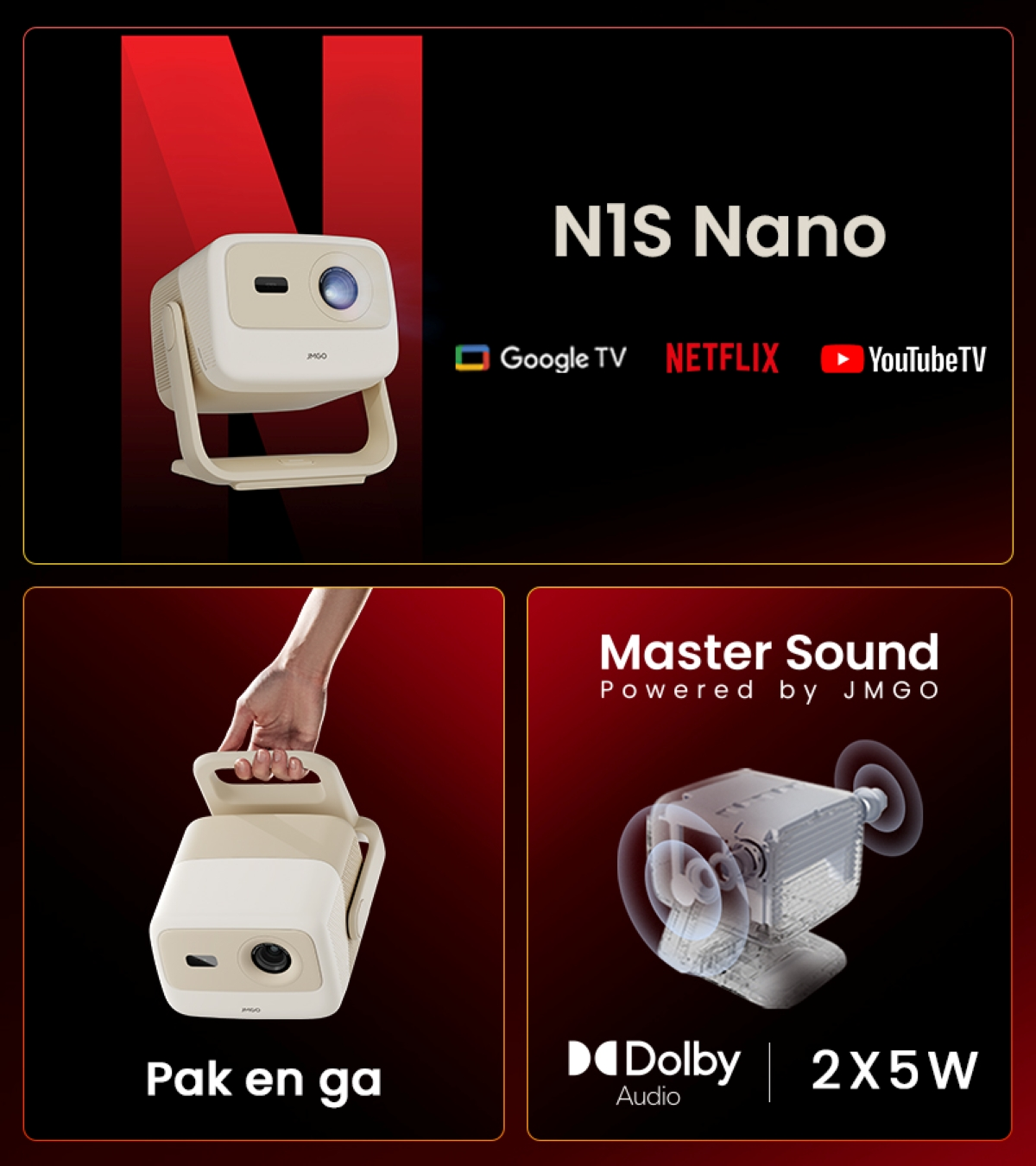 Un mini projecteur blanc avec une poignée, affichant les logos Netflix et YouTube. Il y a une main qui le tient et le texte 'Master Sound'.