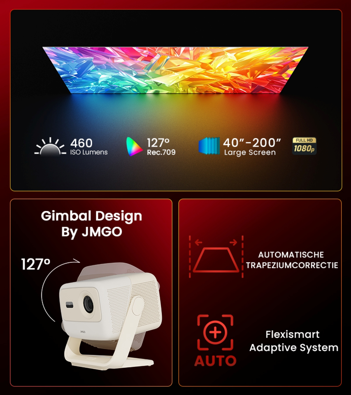 Projecteur avec affichage arc-en-ciel, 460 lumens, 127° Rec.709 et écran 40"-200".