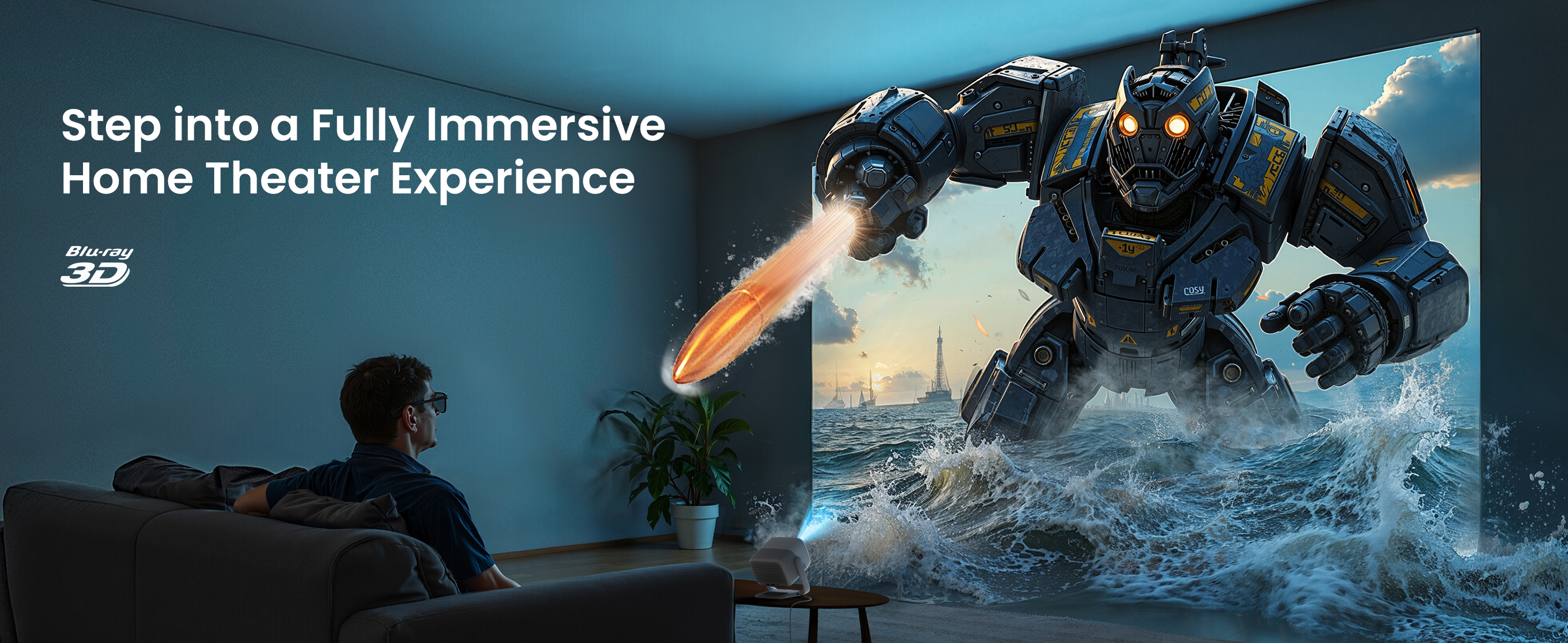 Man met een 3D-bril bekijkt een film op een groot scherm. Een robot komt uit de zee.