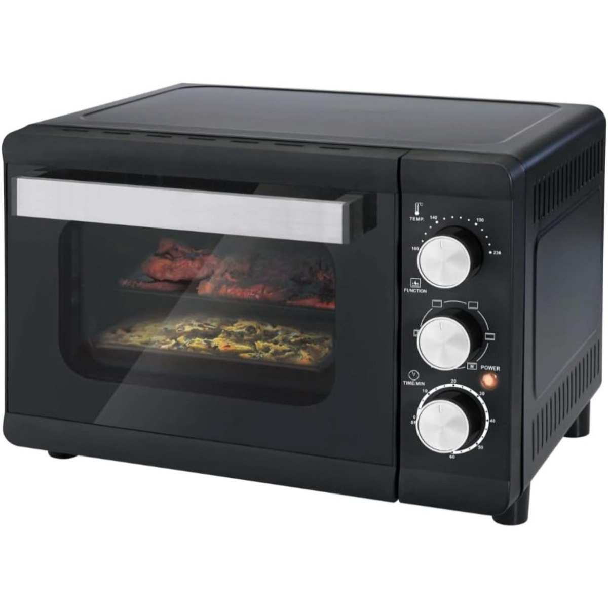 Un forno nero con porta a vetri e manopole di controllo.