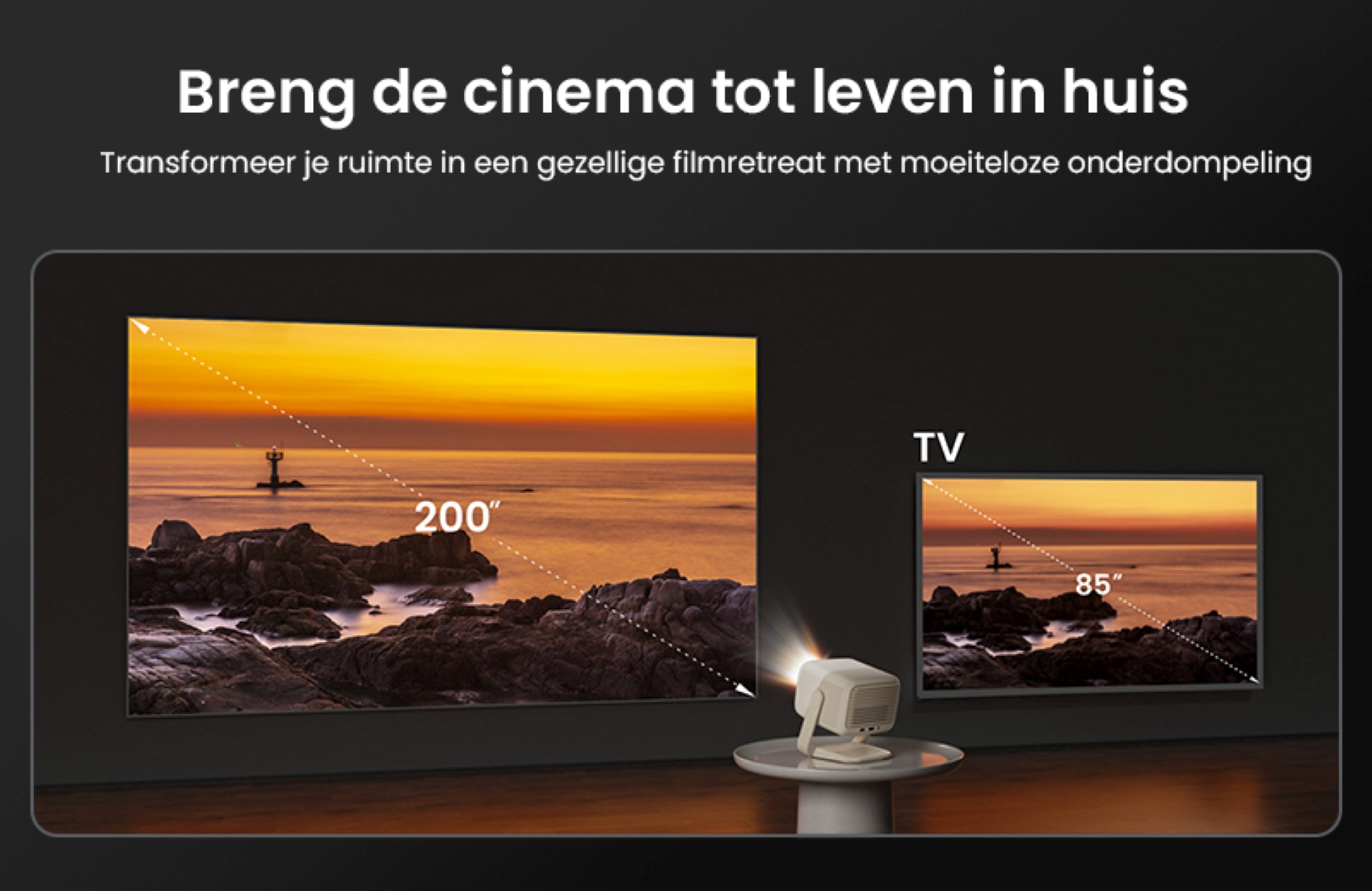 Projecteur affichant une image sur un mur à côté d'une télévision. Texte: "Bring de cinema tot leven in huis".