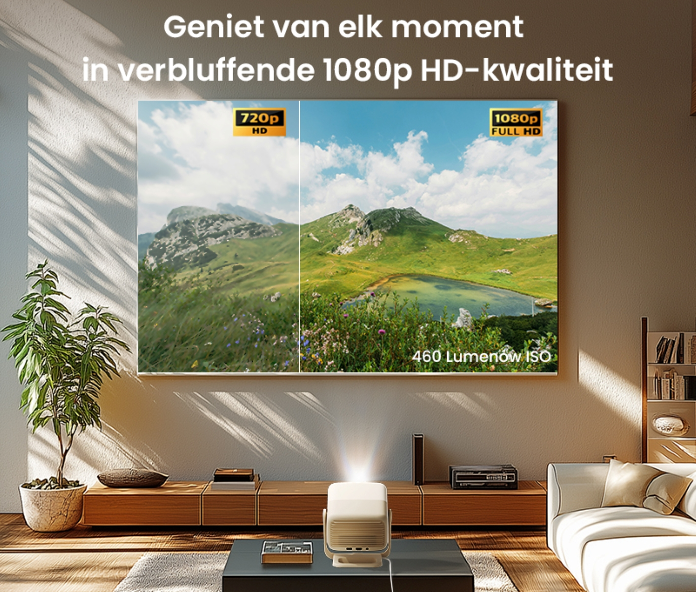 Projecteur affichant une image, avec du texte comparant la qualité 720p et 1080p. Scène de nature.