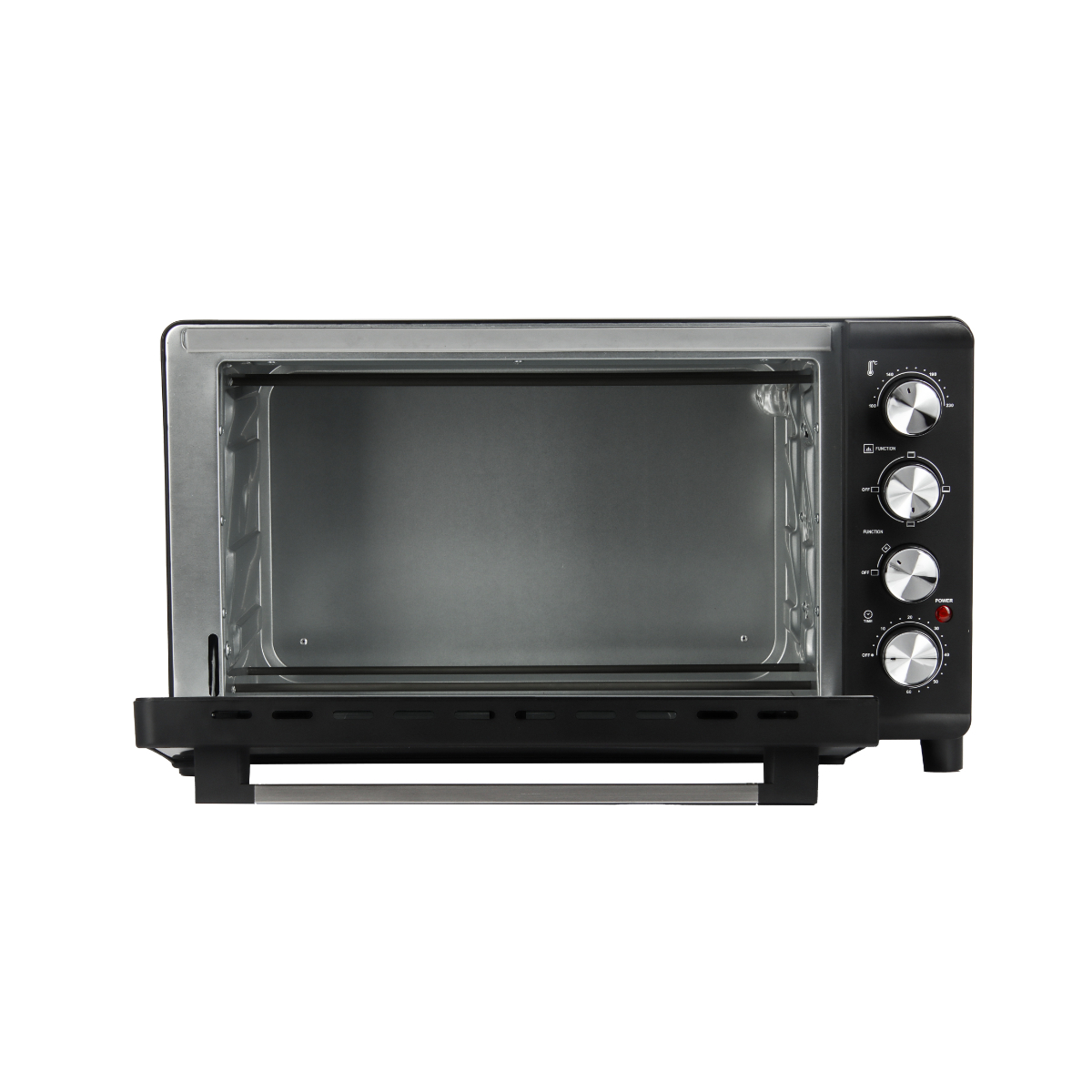 Un forno nero aperto con manopole di controllo a destra e porta a vetro. Su sfondo bianco.