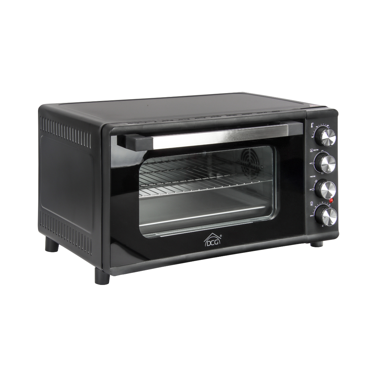 Un forno nero da banco con porta a vetro, manopole e maniglia. Si trova su uno sfondo bianco.