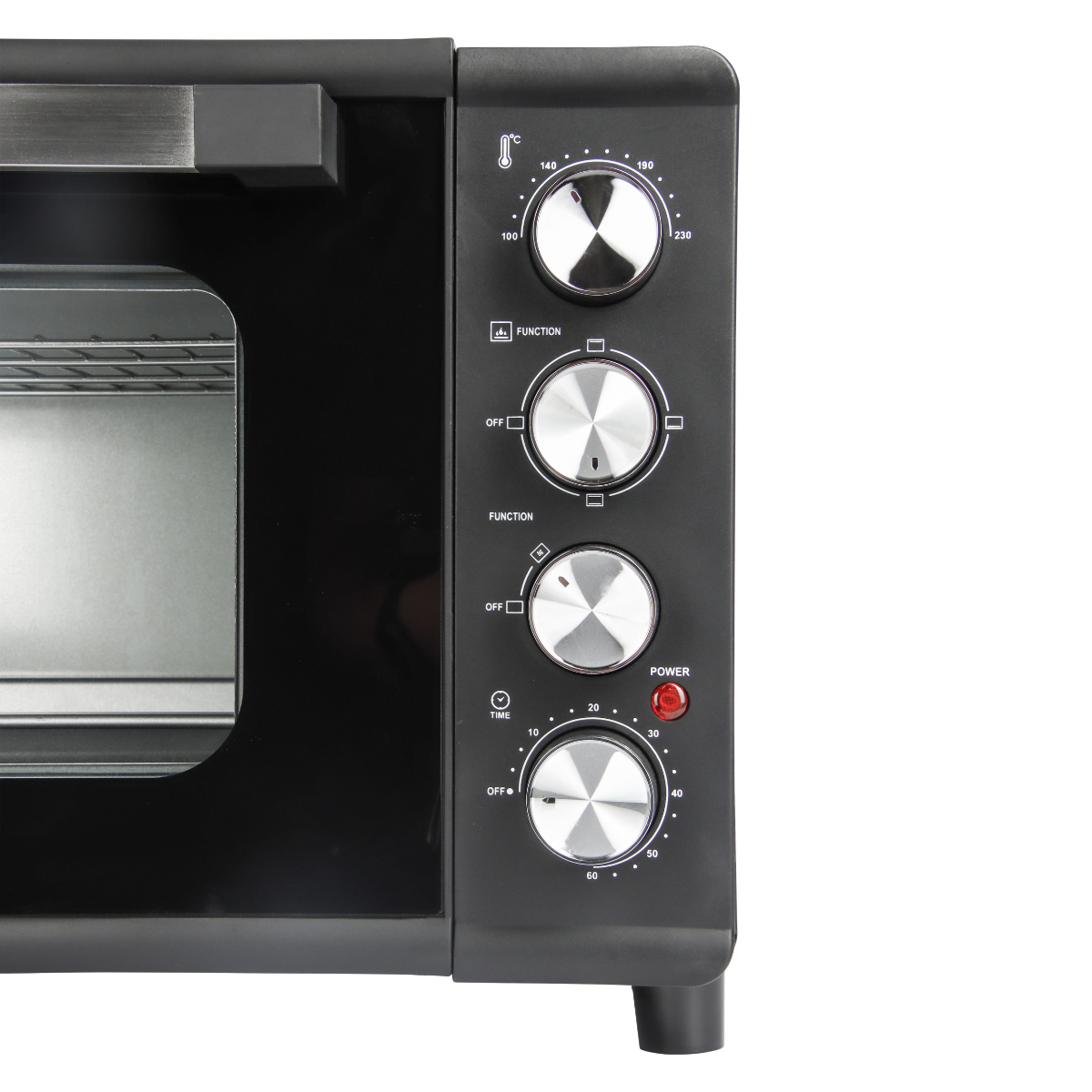 Un forno nero con manopole di controllo per temperatura, funzione e tempo, su sfondo bianco.