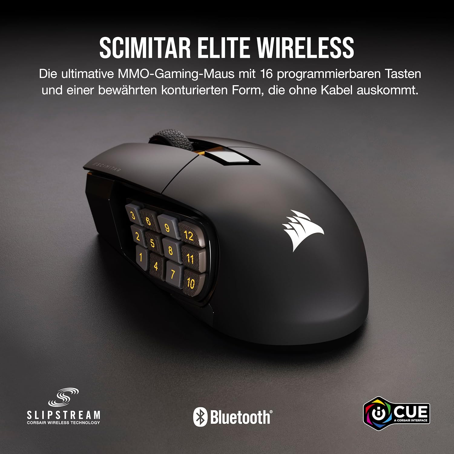 Black wireless gaming mouse with number keys and a brand logo.