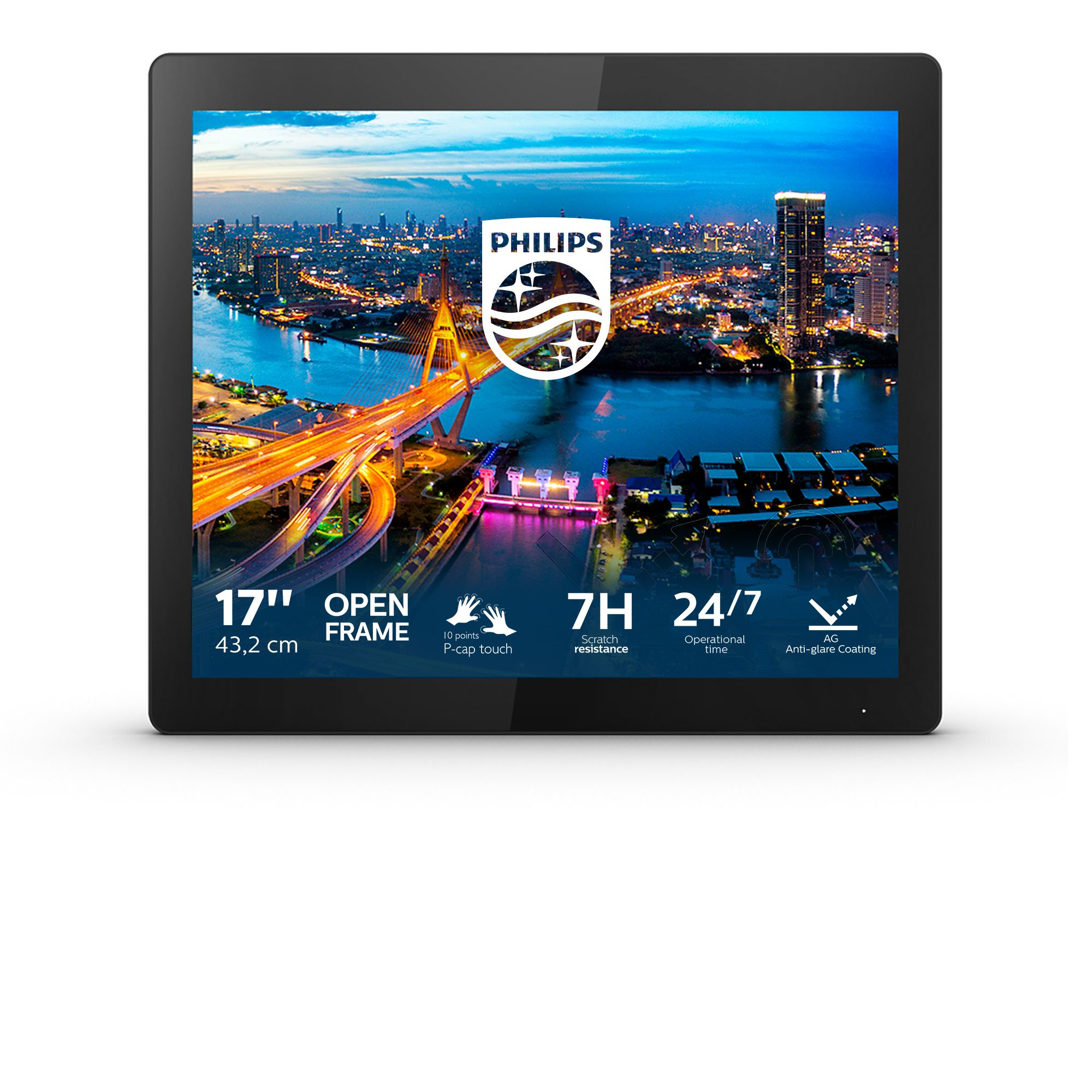 Uno schermo con una scena notturna della città, con il logo Philips al centro.