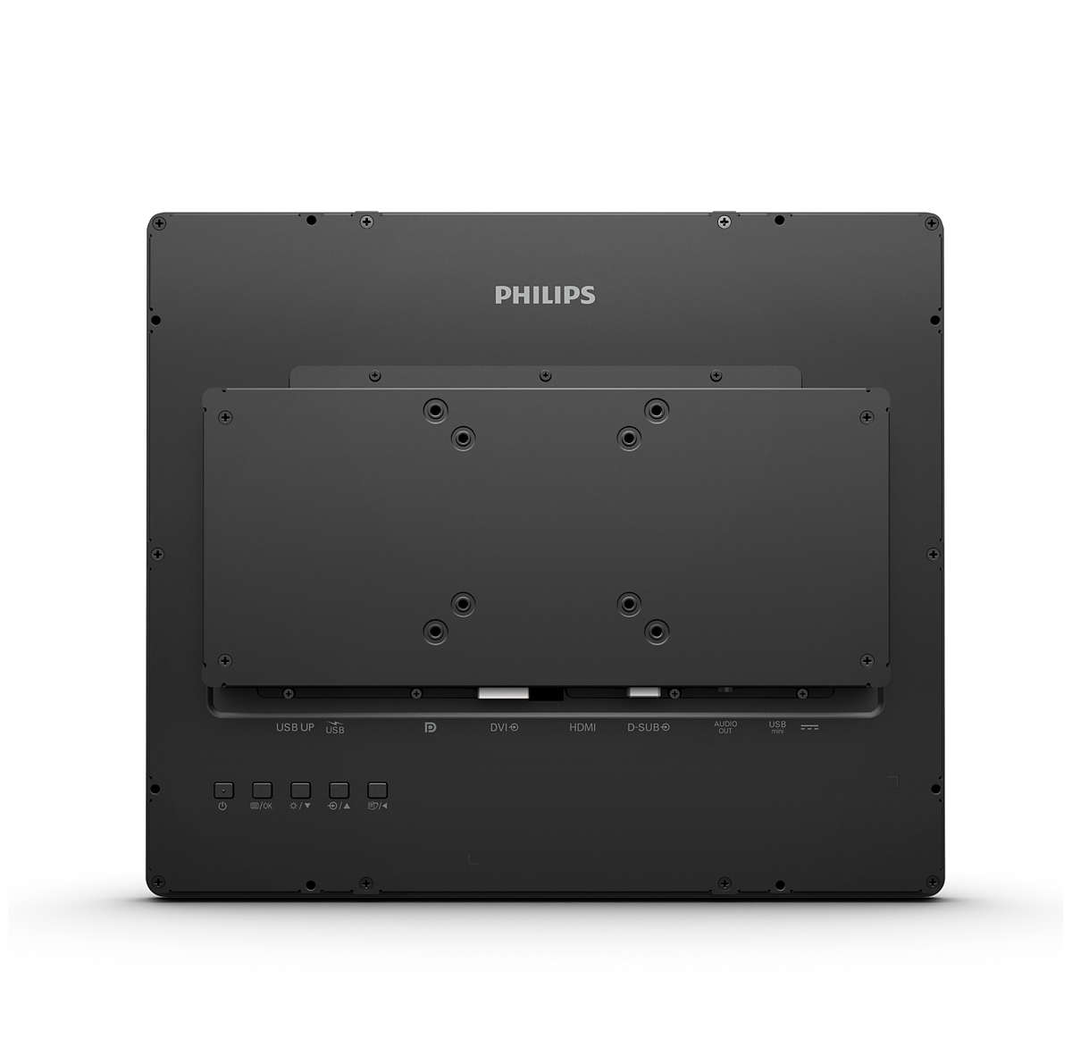 Retro di un monitor Philips nero con porte, connettori e staffa di montaggio.