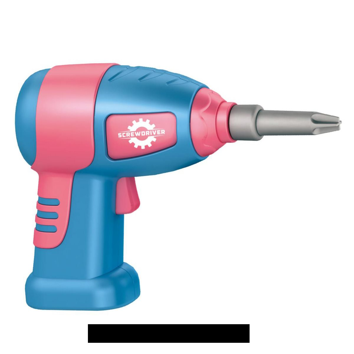 Roze en blauwe speelgoed schroevendraaier. Het woord 'SCREWDRIVER' is erop gedrukt.