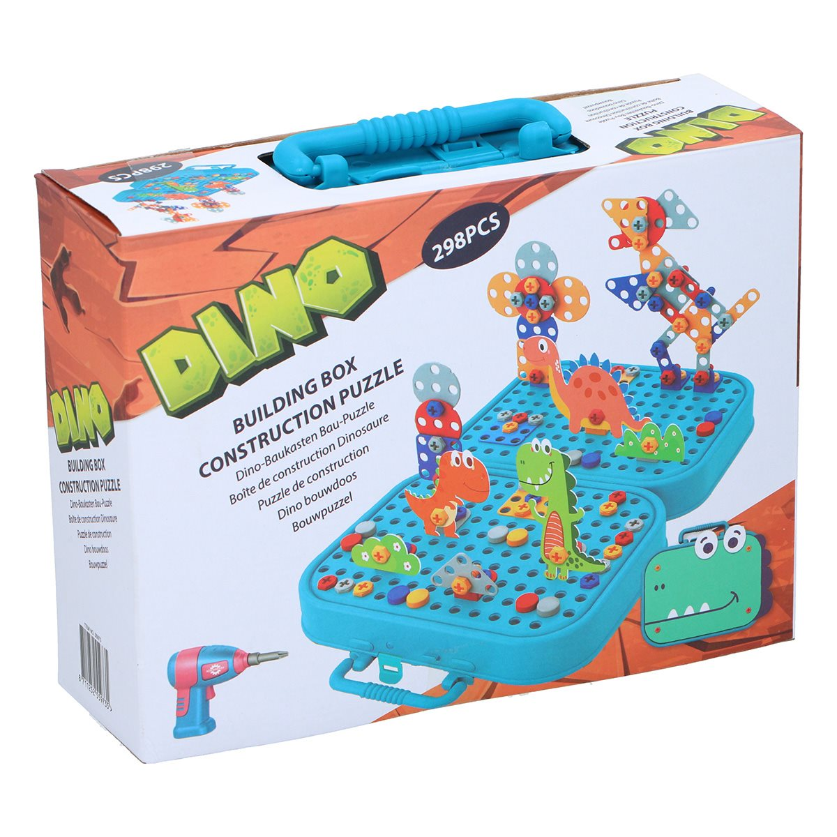 Colorful Dino building box construction puzzle. Includes a toy drill and multi-colored pieces.