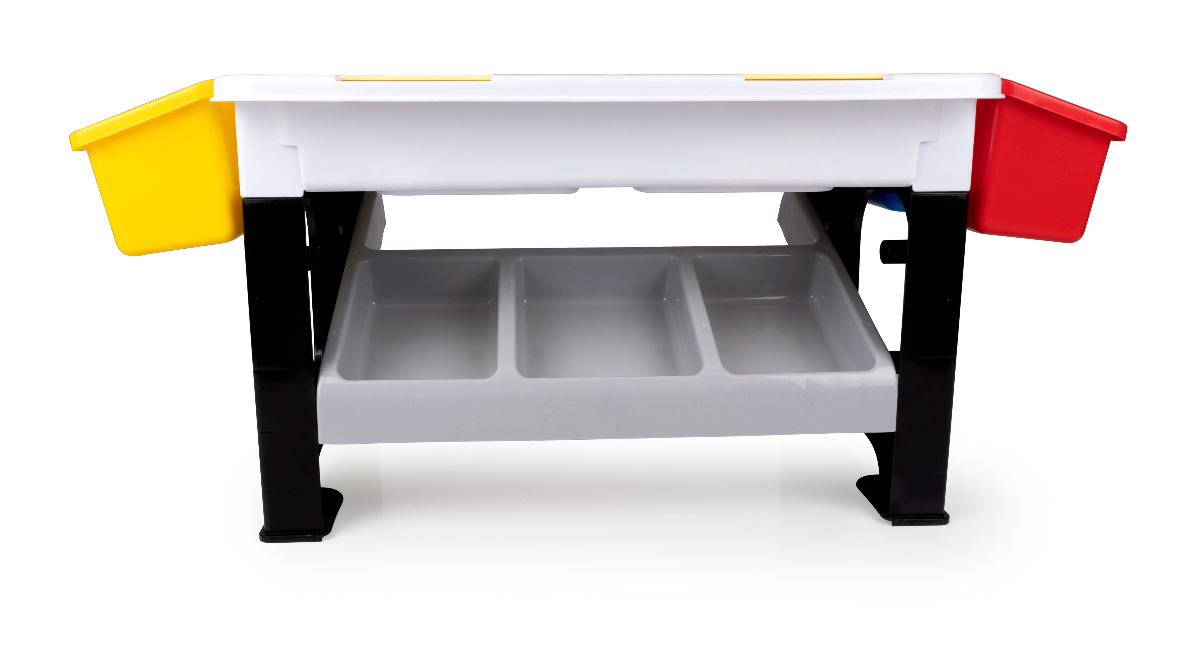 White and gray table with black legs. Has three gray bins below. Two bins on sides.