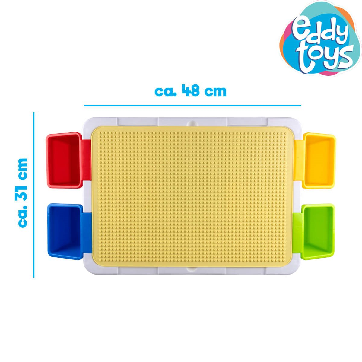 A yellow and white activity table with red, blue, yellow, and green containers. Dimensions are shown.