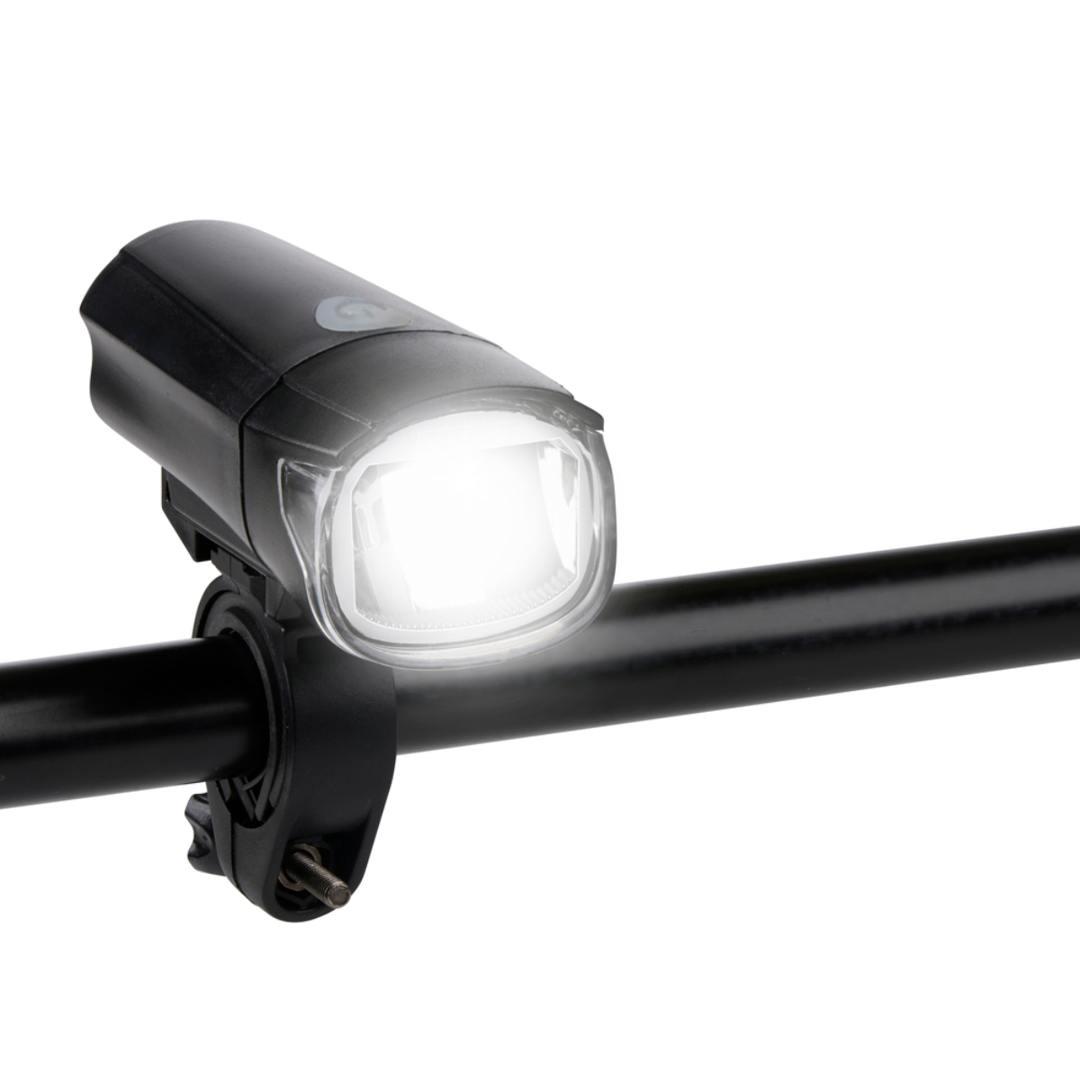 Zwarte fietslamp op het stuur gemonteerd, naar voren gericht met helder wit licht.