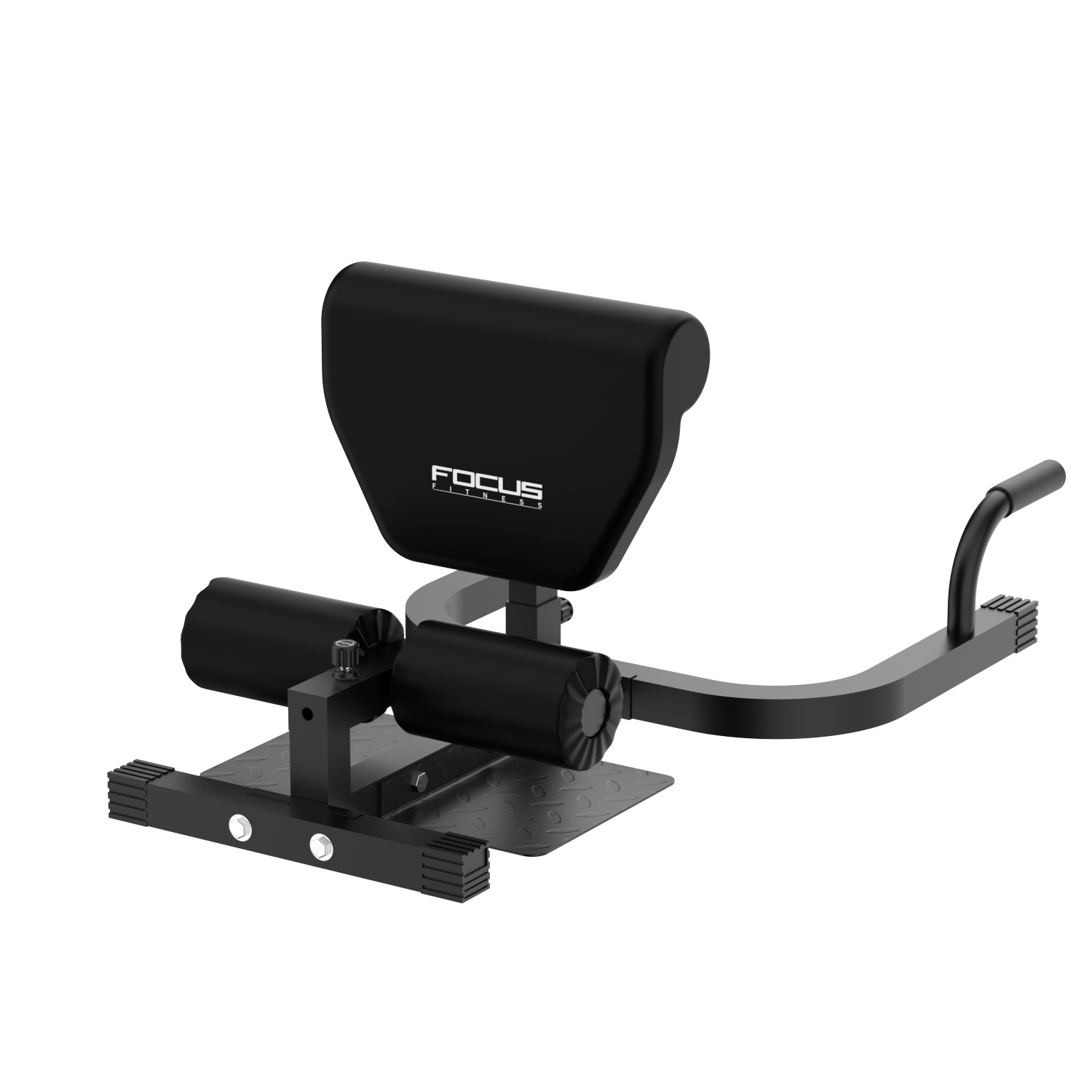 Zwarte squatmachine met Focus Fitness logo, op een donkere achtergrond.