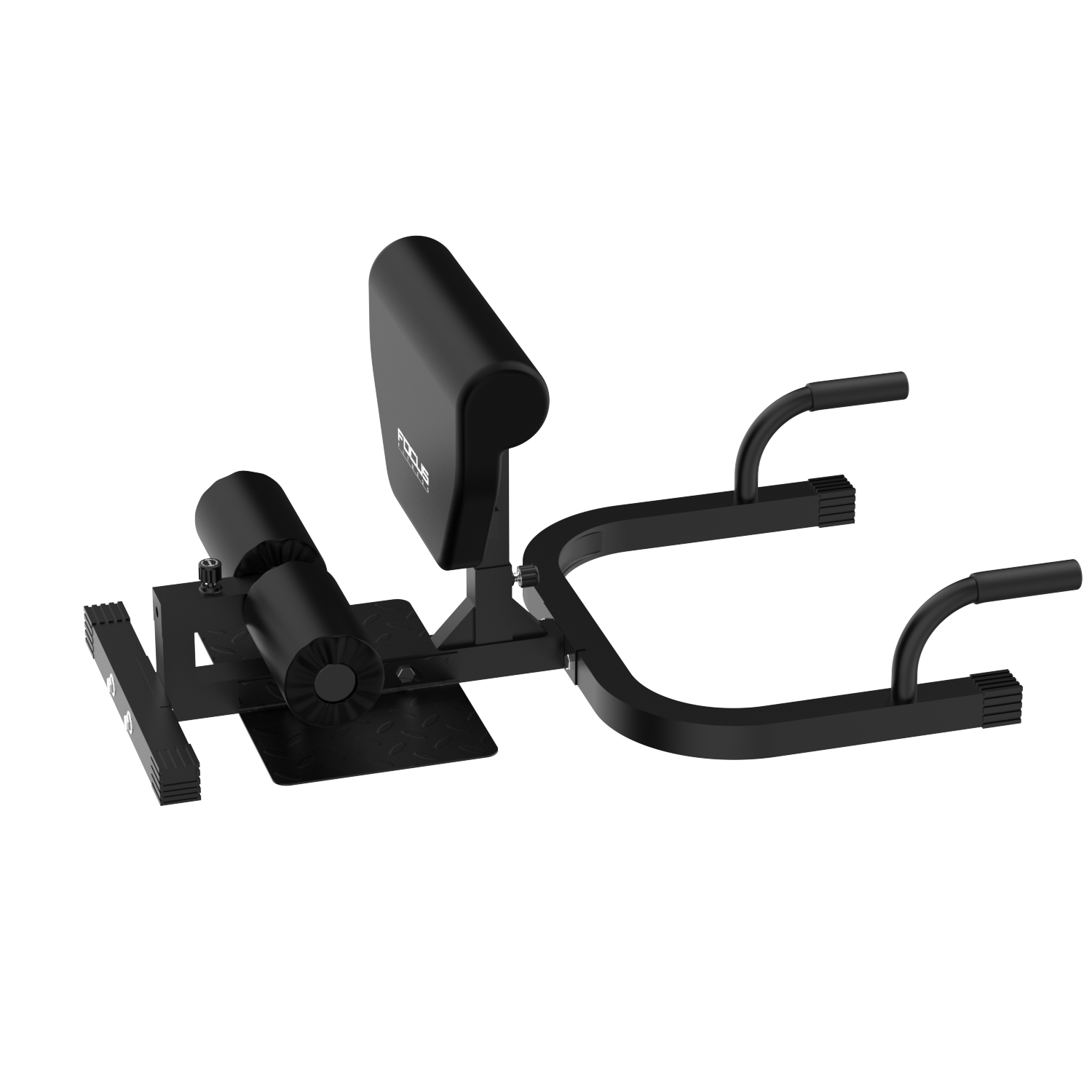 Een zwarte squat machine, met een zitting en steun.