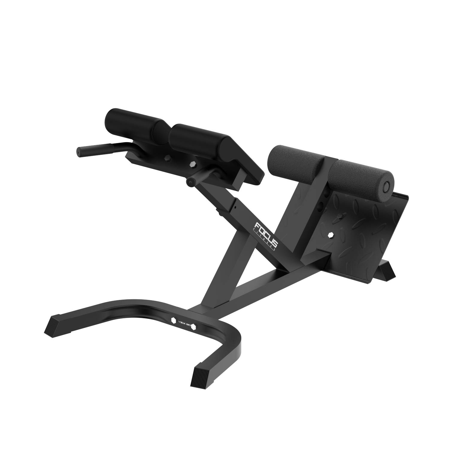 Zwarte oefenbank voor rugverlengingen. Focus Fitness logo zichtbaar.