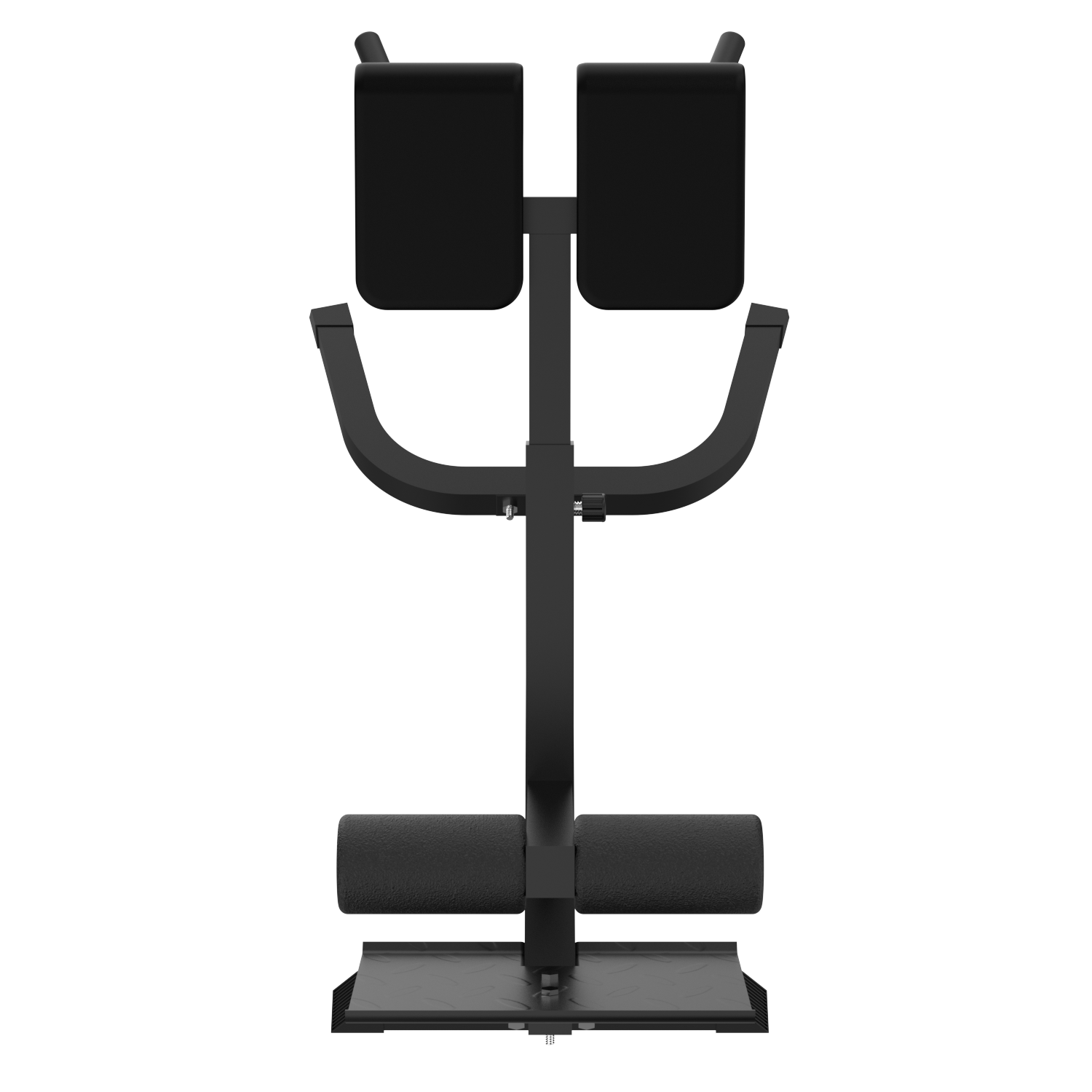 Zwarte fitnessmachine voor rugoefeningen, met gewatteerde zitting en beensteunen.
