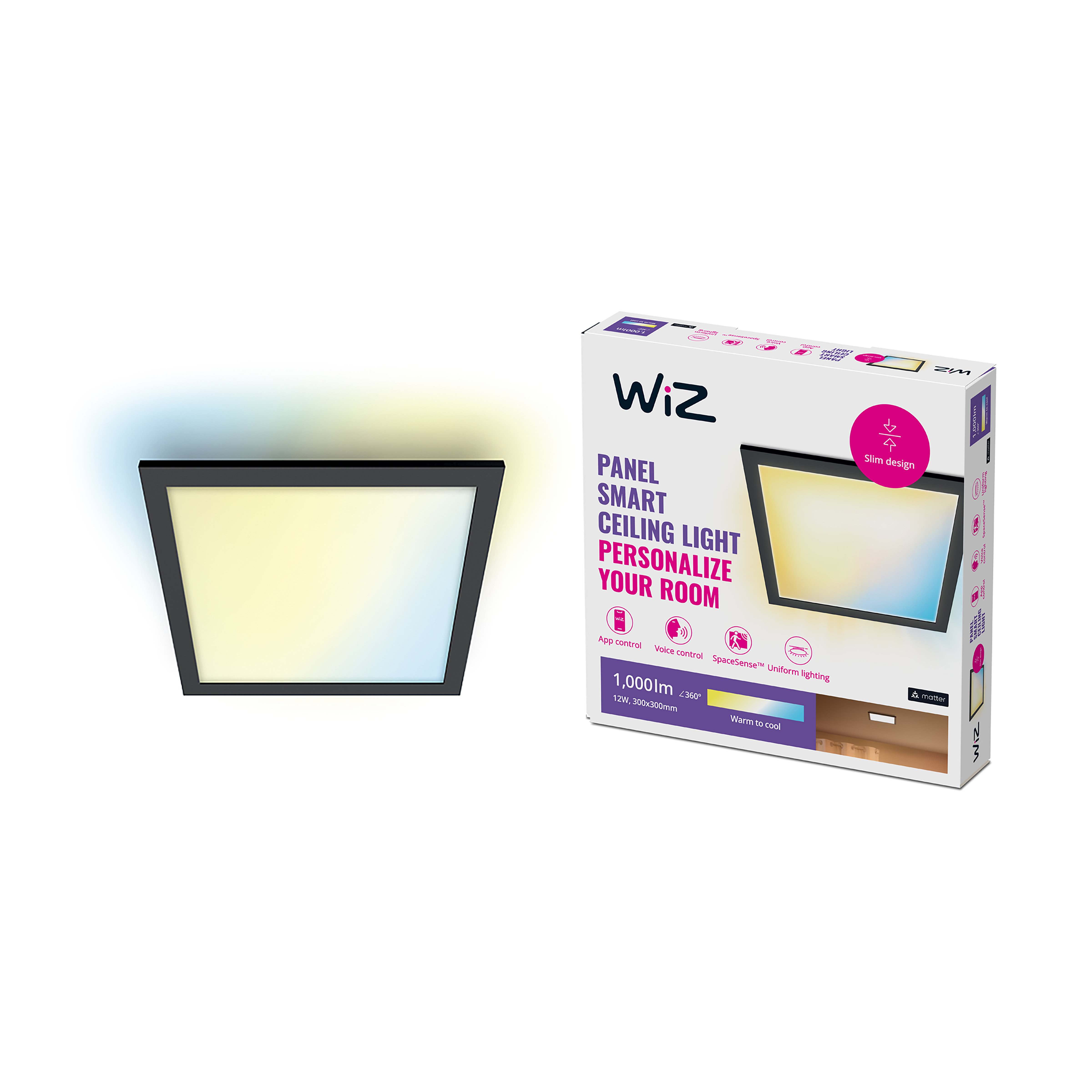 Un plafonnier intelligent WiZ et une boîte. La lumière est noire, carrée et possède des lumières changeant de couleur.