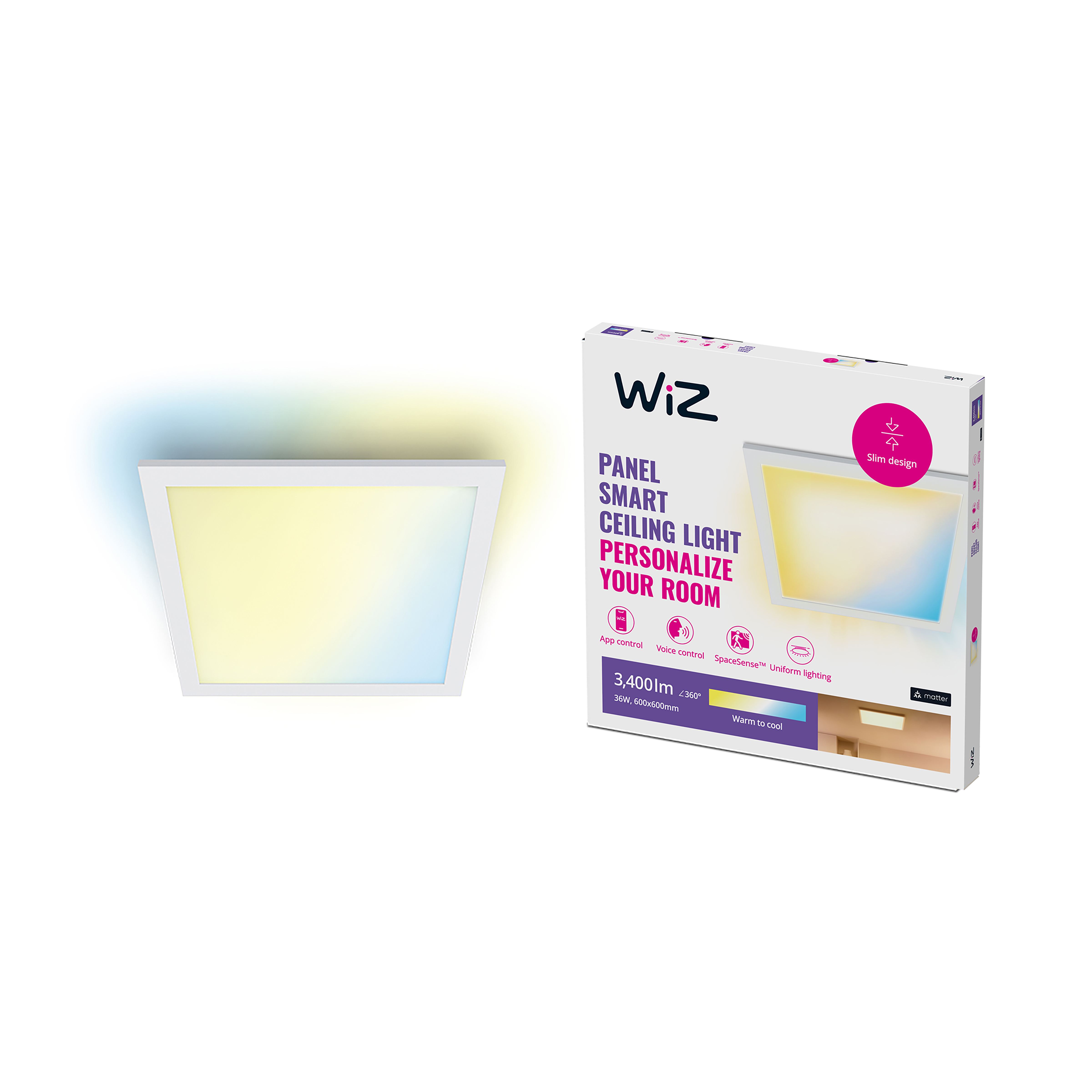 Witte vierkante slimme plafondlamp en een doos met productdetails.