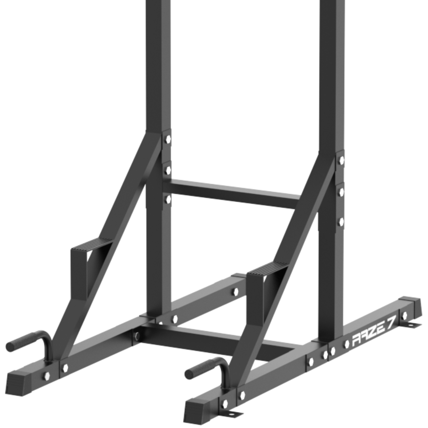 Zwarte optrekstang, stevig metalen frame, met handgrepen en voetsteunen. Geïsoleerd op wit.