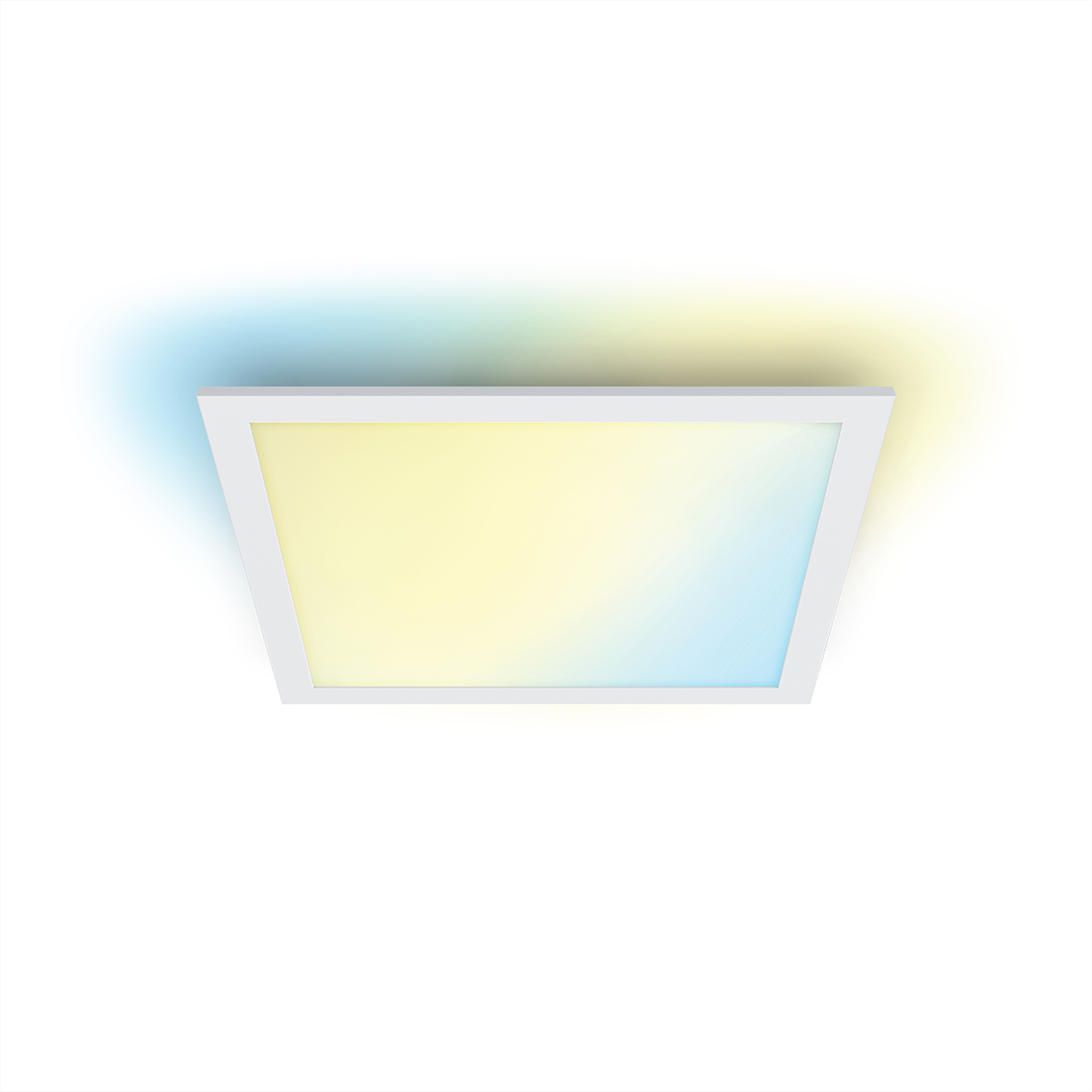 Een witte vierkante plafondlamp met een verloop van geel en blauw licht. Witte achtergrond.