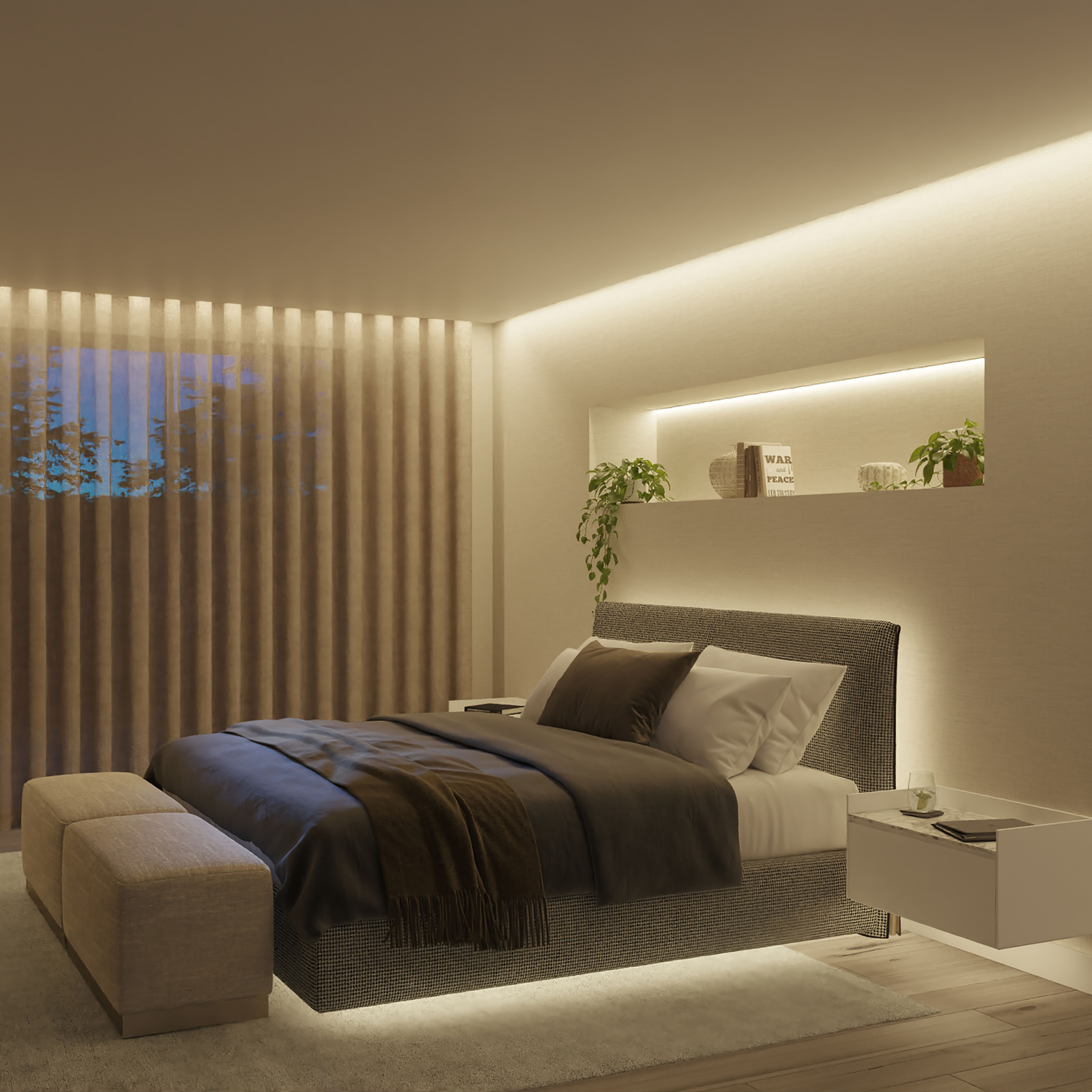 Chambre douillette avec lit, tables de chevet et éclairage doux. Ambiance chaleureuse et accueillante.