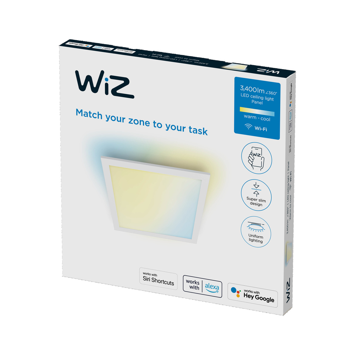 Een witte doos voor een WiZ LED-plafondpaneel, met zichtbare kenmerken en branding.