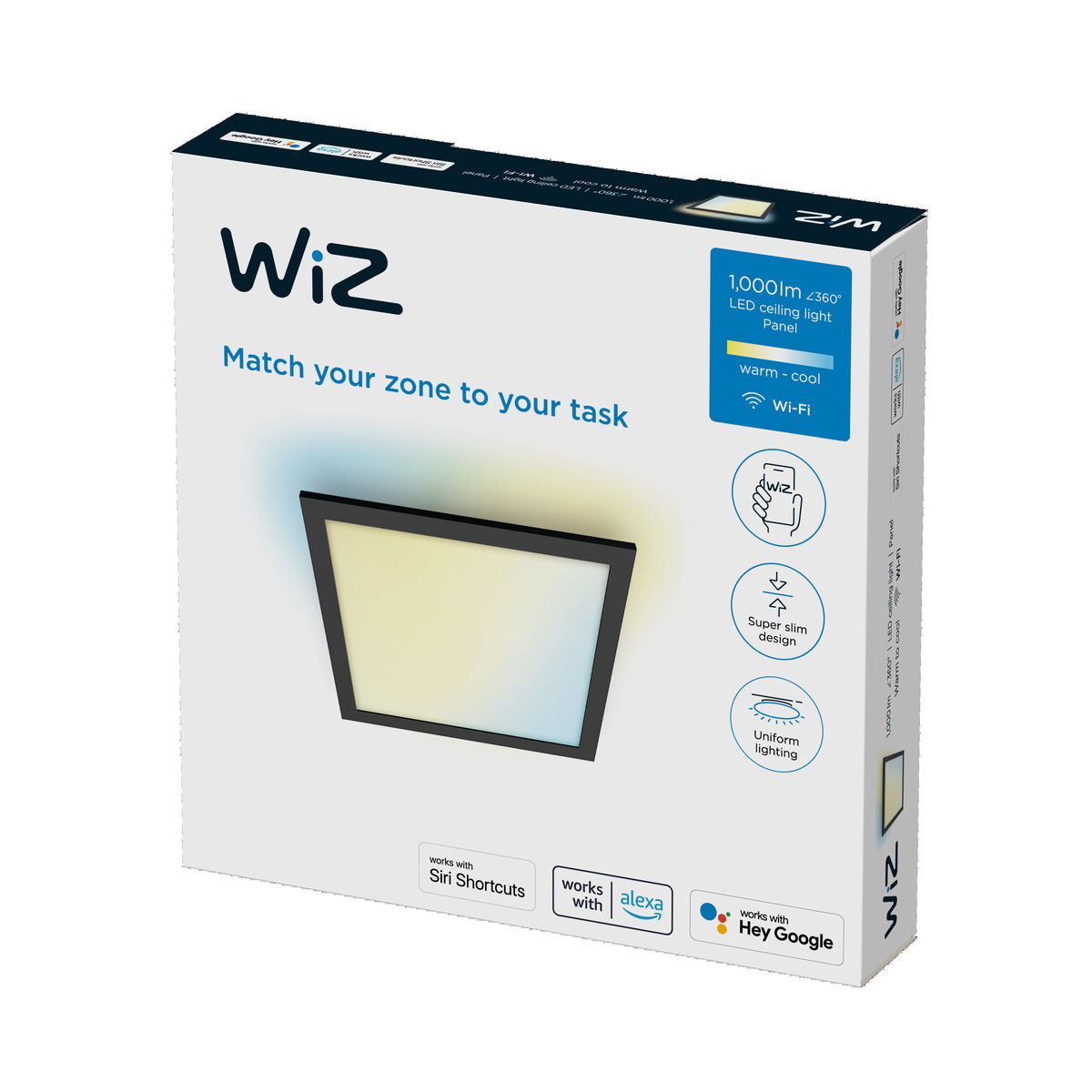 Boîte blanche pour un panneau lumineux de plafond LED WiZ. Comprend des icônes et du texte détaillant ses caractéristiques.