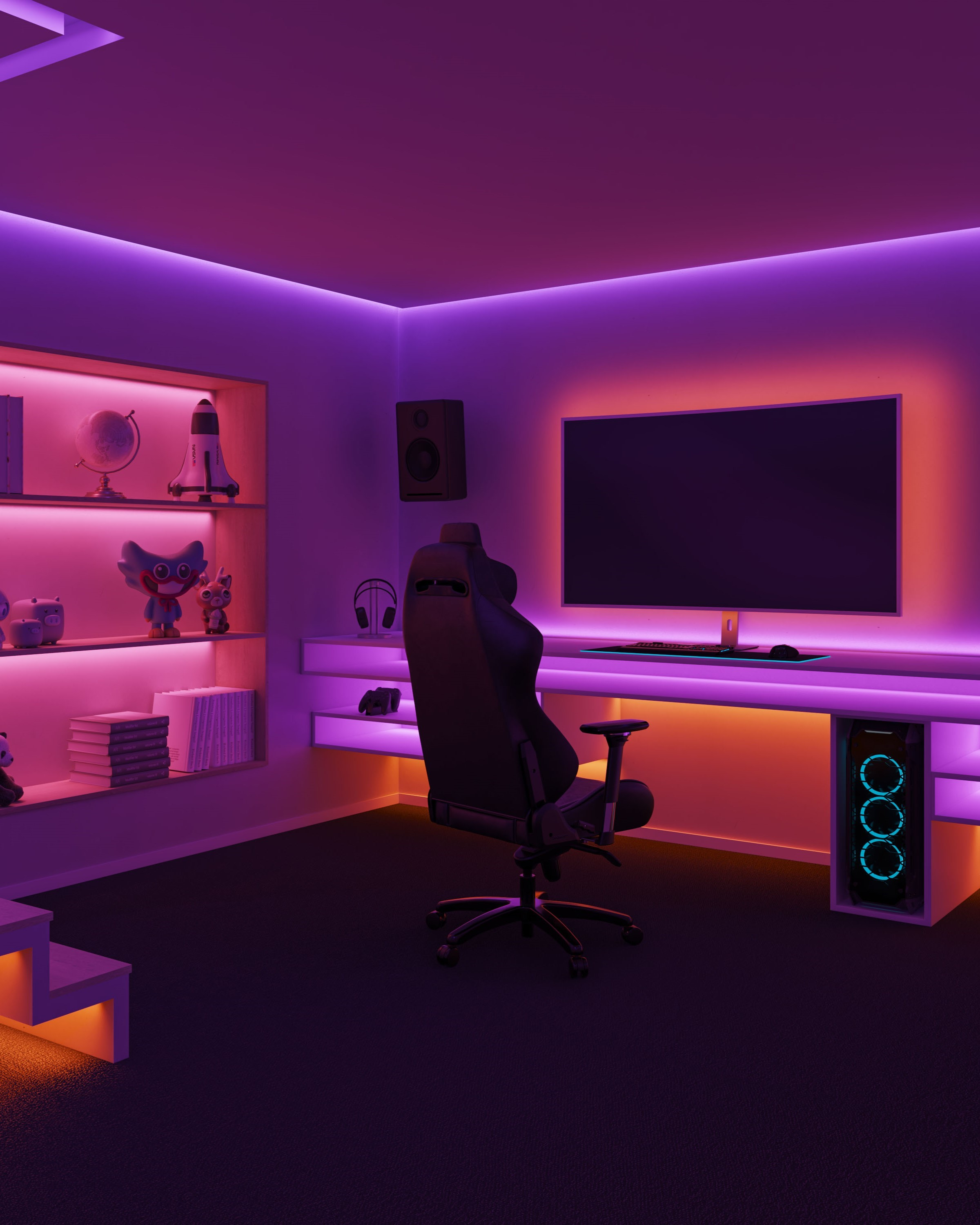 Une salle de jeux avec des lumières violettes et oranges, une chaise, des étagères avec des objets et un grand écran.