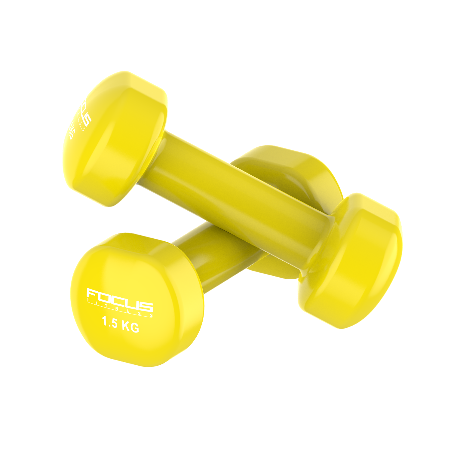 Two yellow dumbbells with the Focus Fitness logo, each 1.5 KG. Black background.