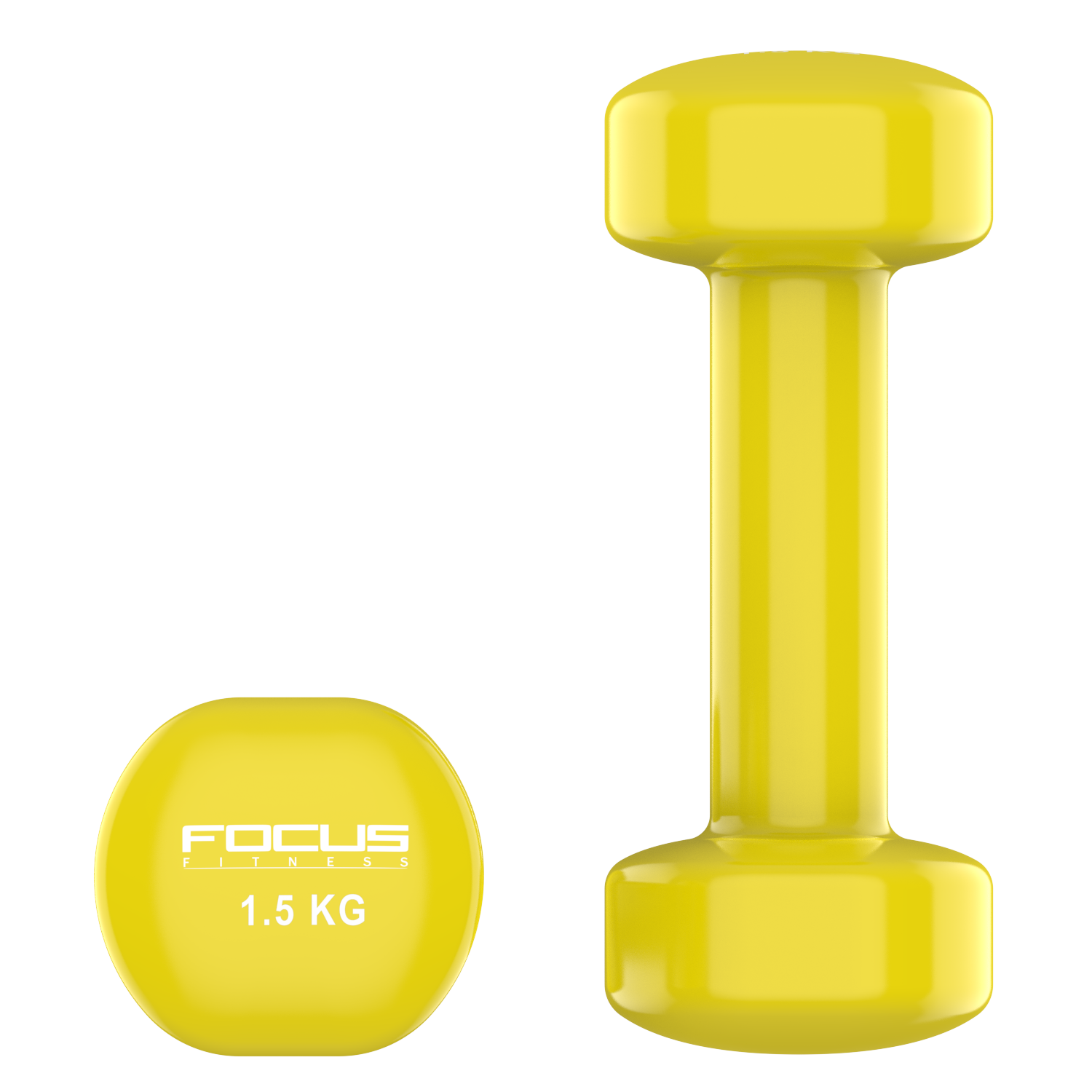A yellow dumbbell and a weight, both with the 'FOCUS FITNESS' logo.
