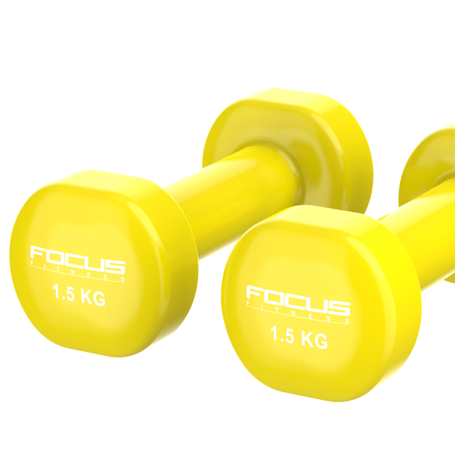 Two yellow dumbbells with black text that reads: "FOCUS FITNESS 1.5 KG".