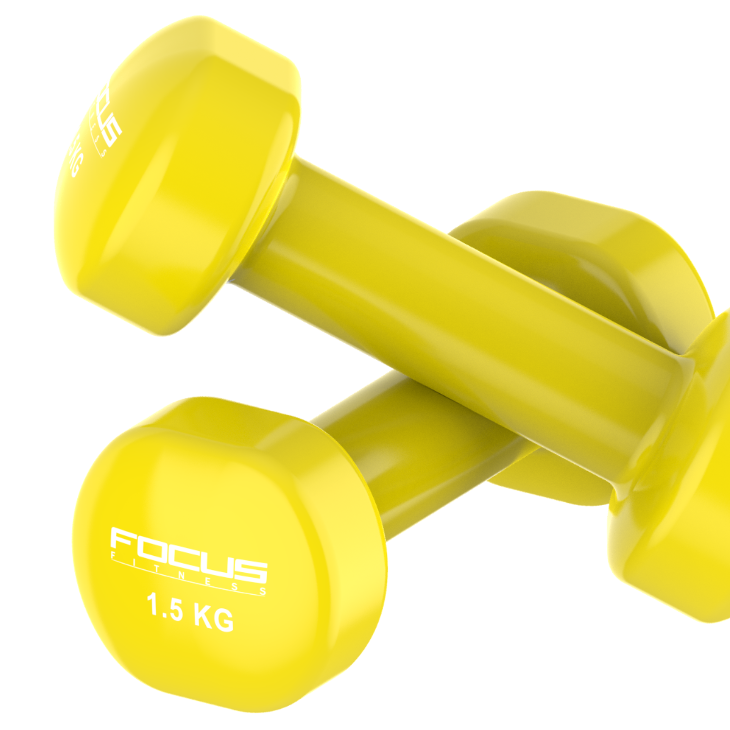 Two yellow dumbbells. The brand name Focus Fitness and weight 1.5 KG are visible.