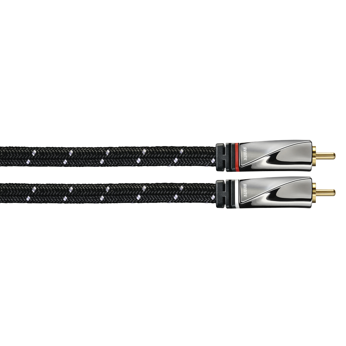 Due cavi audio neri con connettori argentati. I cavi sono neri con punti bianchi. Sfondo bianco.