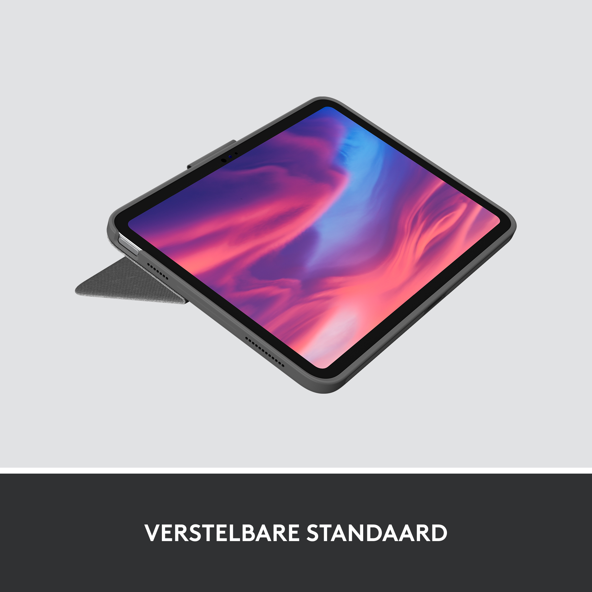 Tablet in hoes met standaard. Scherm aan. Hoes en tablet zijn grijs. De standaard staat omhoog.