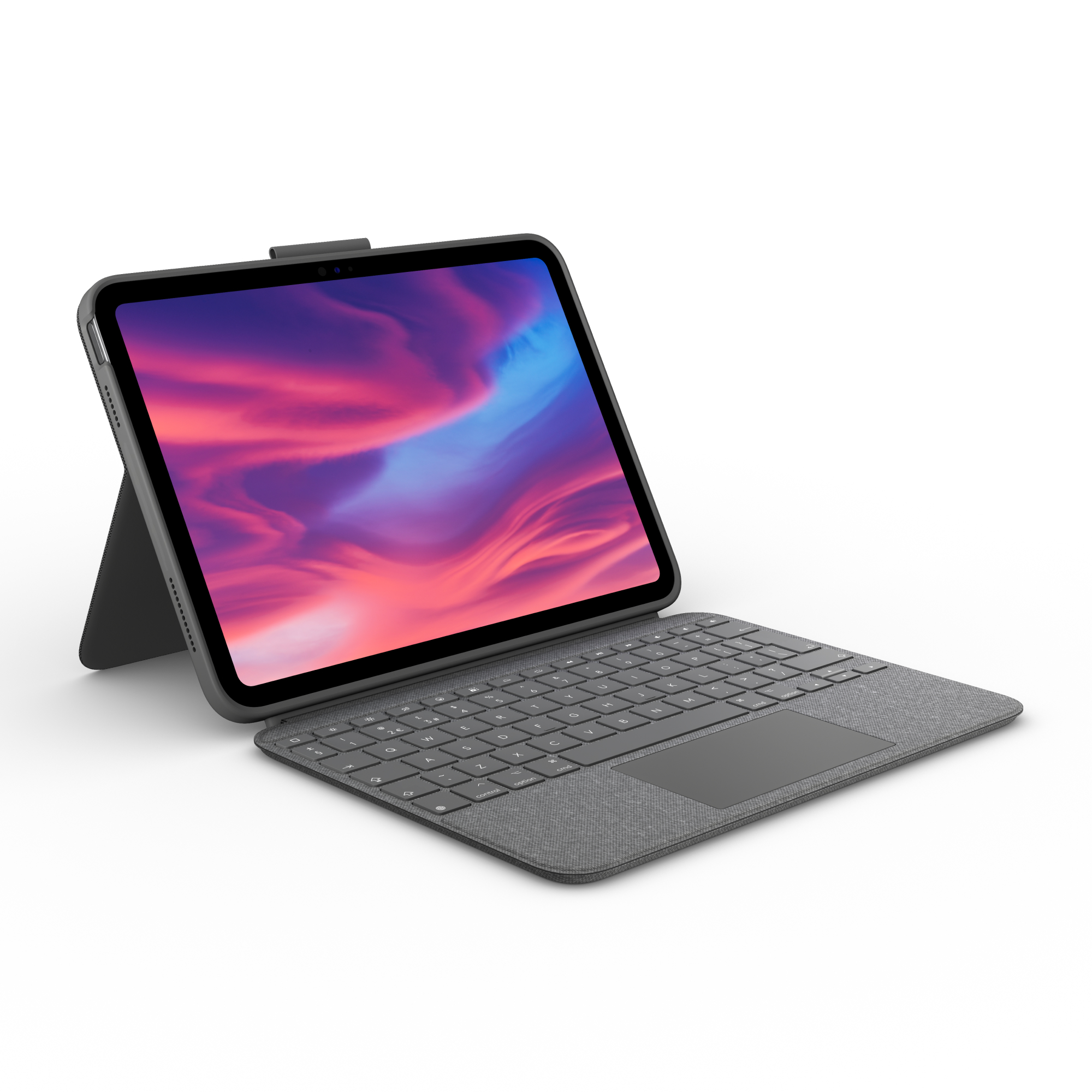 Een iPad in een grijze toetsenbordhoes. Het scherm toont een kleurrijke abstracte afbeelding. Witte achtergrond.